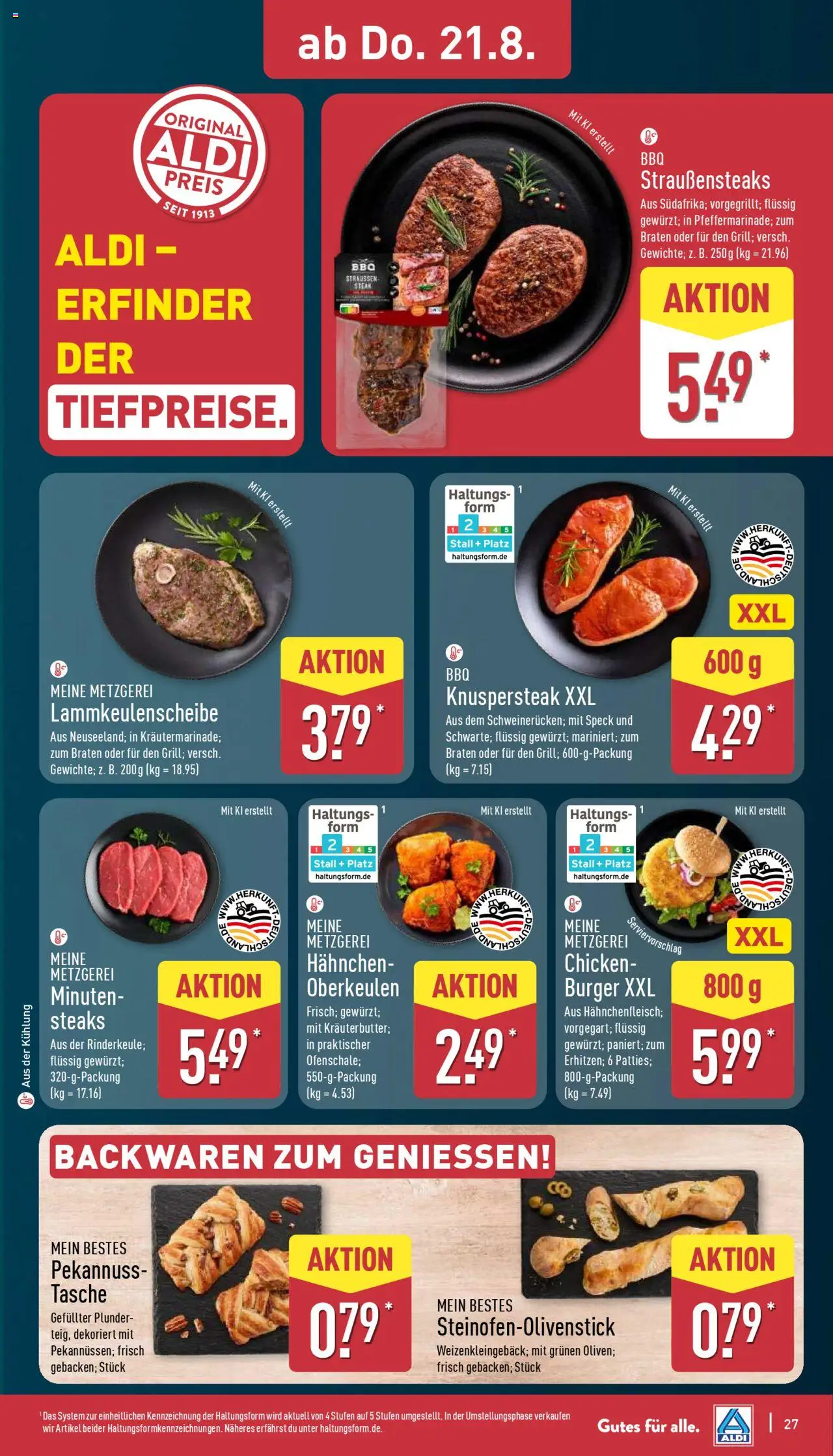 Aldi Prospekt 	 - gültig ab dem 18.08.2025 | Seite: 27 | Produkte: Tasche, Hahnchen, Burger, Steak