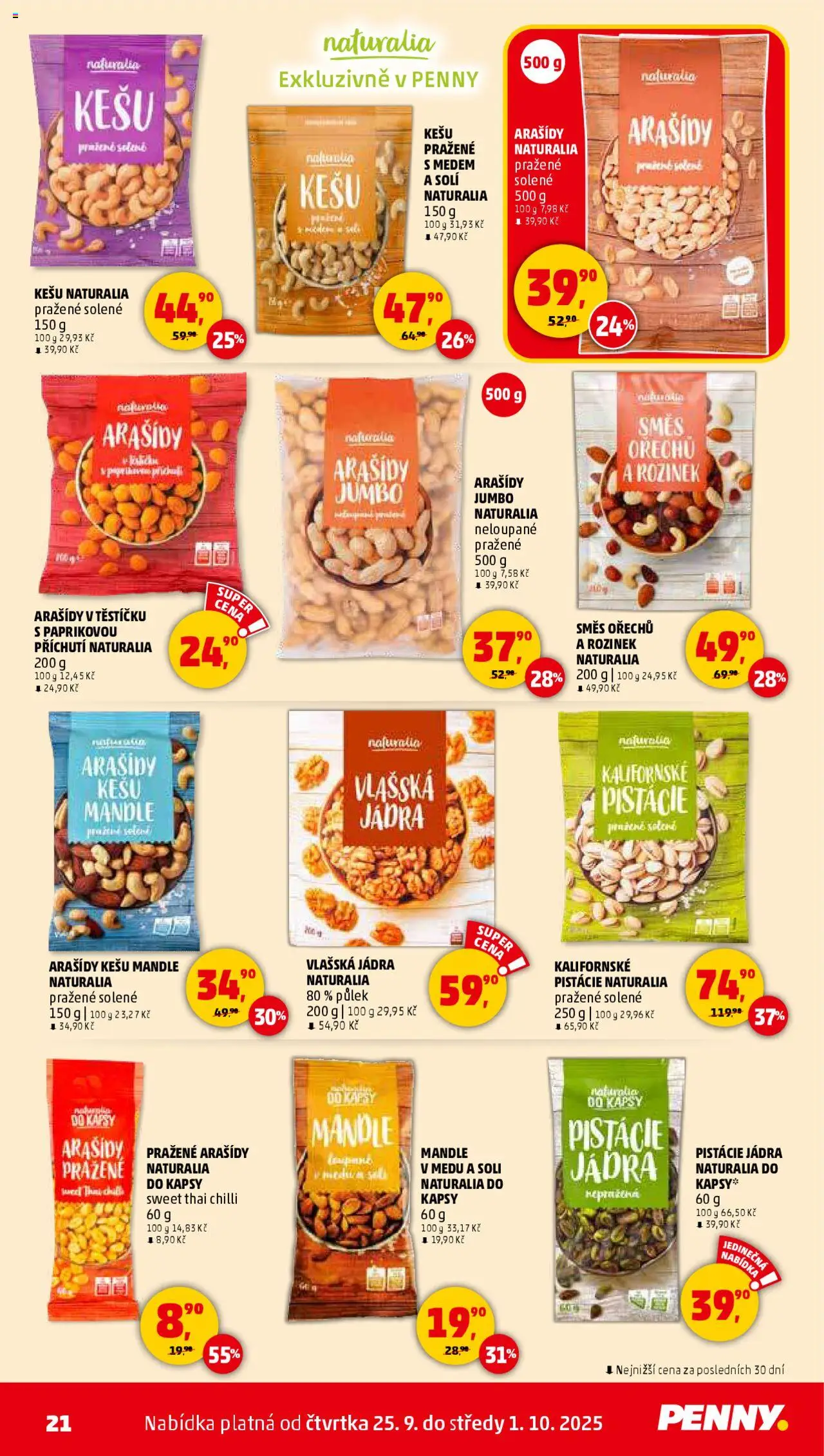 Penny Market leták - Čtvrtečník od 25.09.2025 | Strana: 21 | Produkty: Kešu, Pistácie, Arašídy, Mandle
