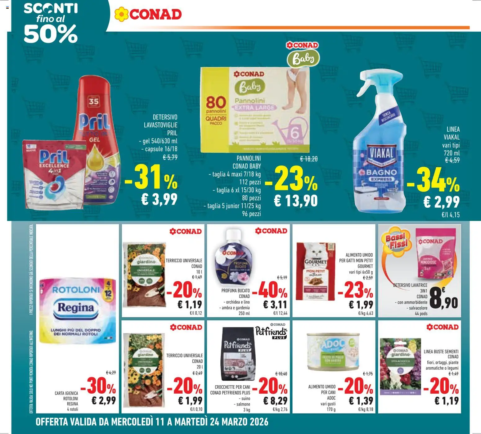 Volantino Conad del 11.03.2026 | Pagina: 26 | Prodotti: Pannolini, Suino, Crocchette, Terriccio