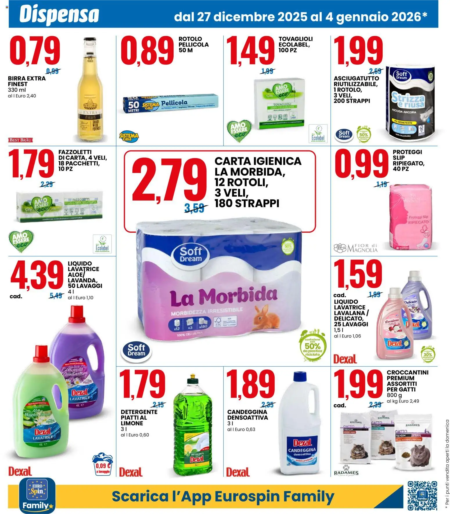 Volantino Eurospin del 27.12.2025 | Pagina: 6 | Prodotti: Birra, Candeggina, Asciugatutto, Pellicola