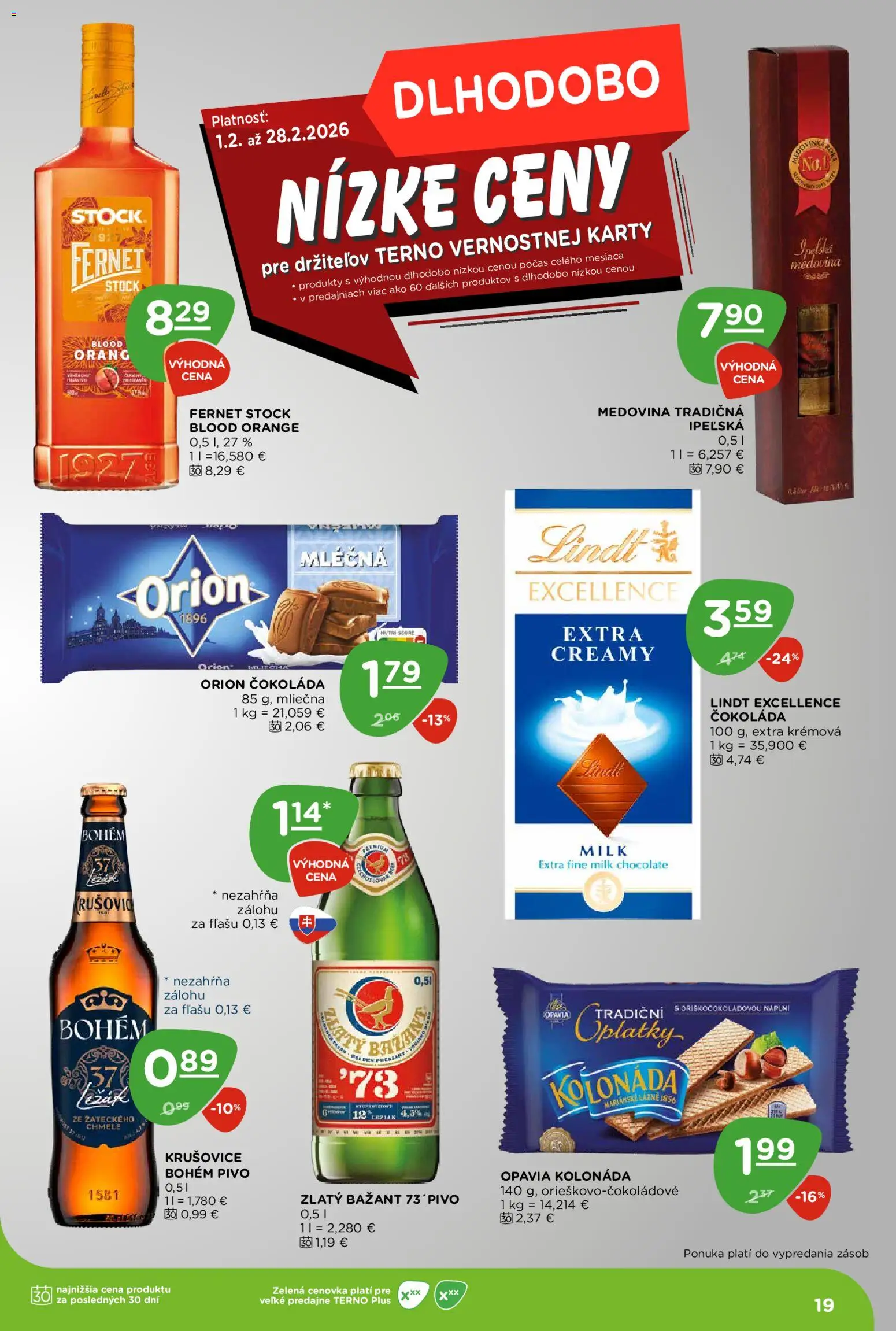Nové Terno akcie – leták je platný od 26.02.2026 | Strana: 19 | Produkty: Pivo, Krušovice, Fernet, Fernet Stock
