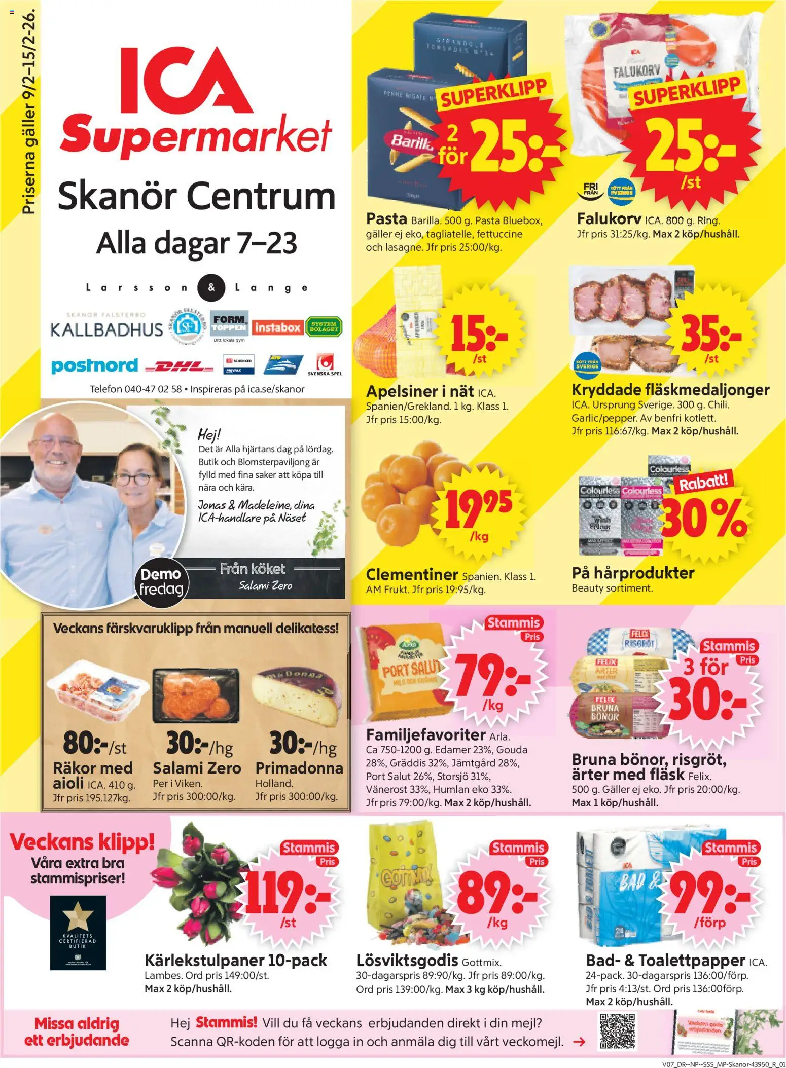 ICA Supermarket reklamblad aktuell från 09.02.2026 | Sida: 1 | Produkter: Aioli, Fläsk, Pasta, Spel