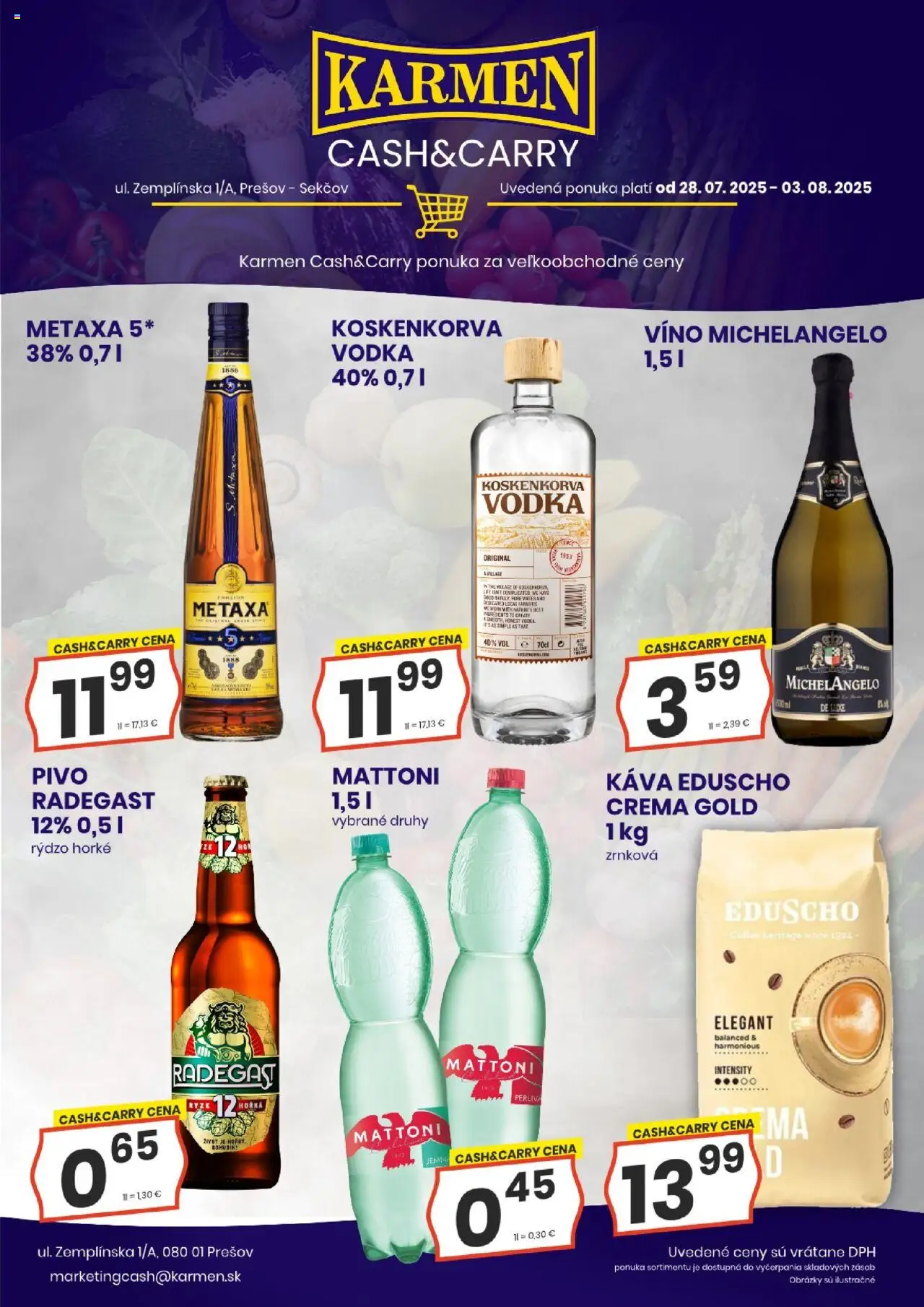 KARMEN CBA leták │ platný od 28.07.2025 | Strana: 1 | Produkty: Metaxa, Víno, Radegast, Mattoni