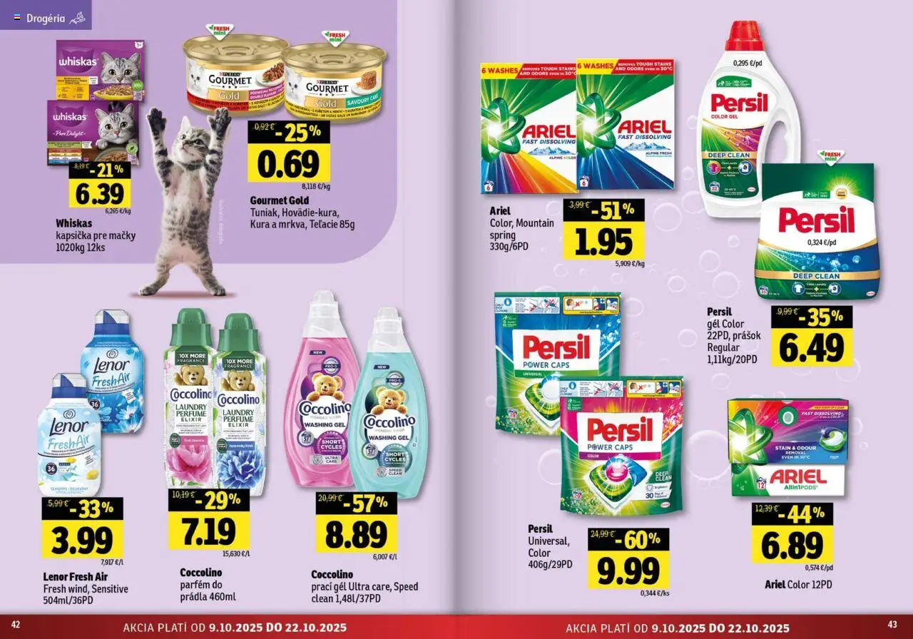 Nové Fresh akcie – leták je platný od 09.10.2025 | Strana: 22 | Produkty: Persil, Whiskas, Ariel, Coccolino