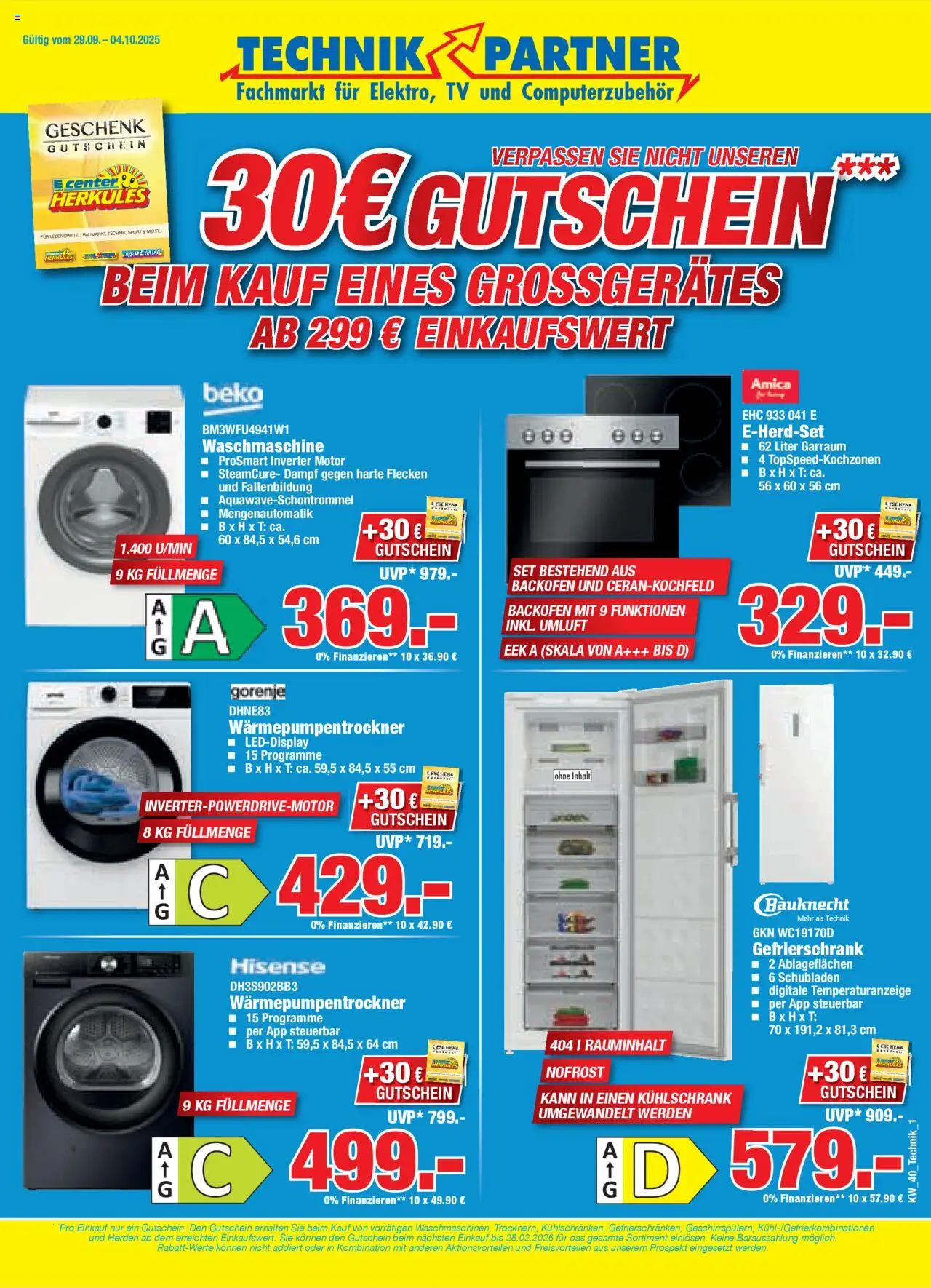 HERKULES Technik Partner – gültig ab 29.09.2025 | Seite: 1 | Produkte: Hisense, Gorenje, Gefrierschrank, Backofen