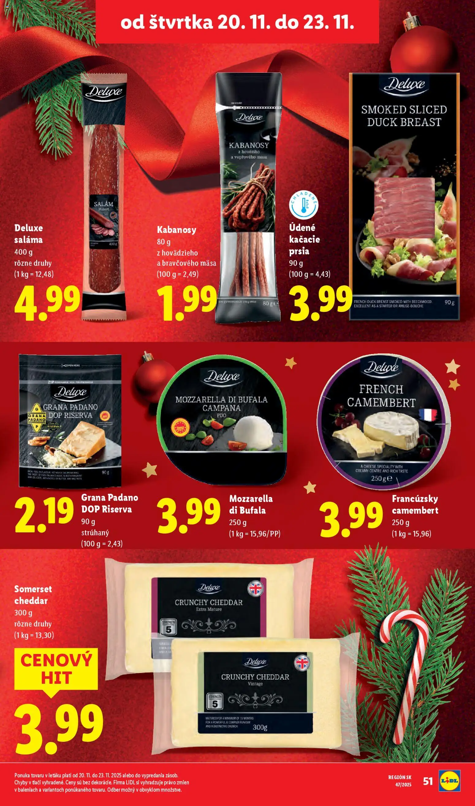 Nové Lidl akcie – leták je platný od 17.11.2025 | Strana: 69 | Produkty: Saláma, Kačacie prsia, Mozzarella