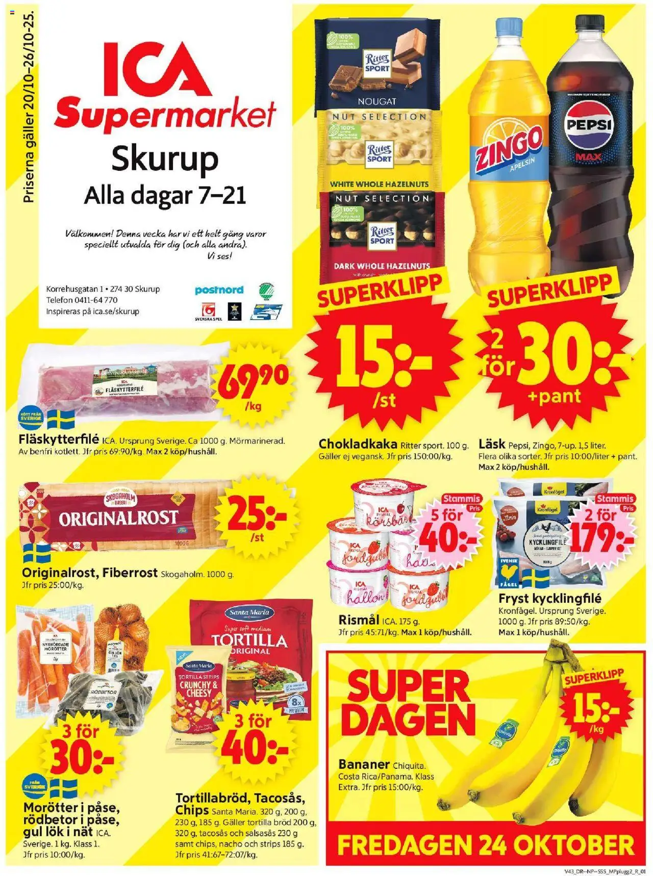 ICA Supermarket reklamblad aktuell från 20.10.2025 | Sida: 1 | Produkter: Zingo, Chokladkaka, Tortilla, Galler