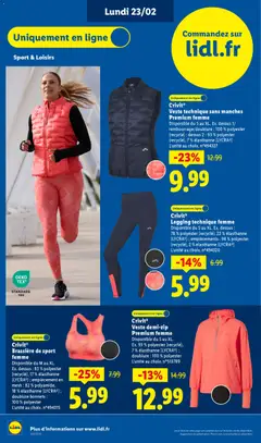 LIDL - Prévisualisation de CrivitⓇ Legging technique femme, Disponible du S au XL. Ex. dessus: 78% polyester (recyclé), 22% élasthanne (LYCRA®); empiècements: 98% polyester (recyclé), 2% élasthanne (LYCRA®) valide à partir de 19.02.2026 | Page: 74 | Produits: Veste