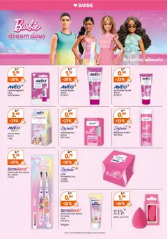 AVEO Dusche Barbie, 200 ml ab 02.03.2026 gültig | Seite: 20 | Produkte: Wattestäbchen, Wattepads, Duschgel, Zahnbürste