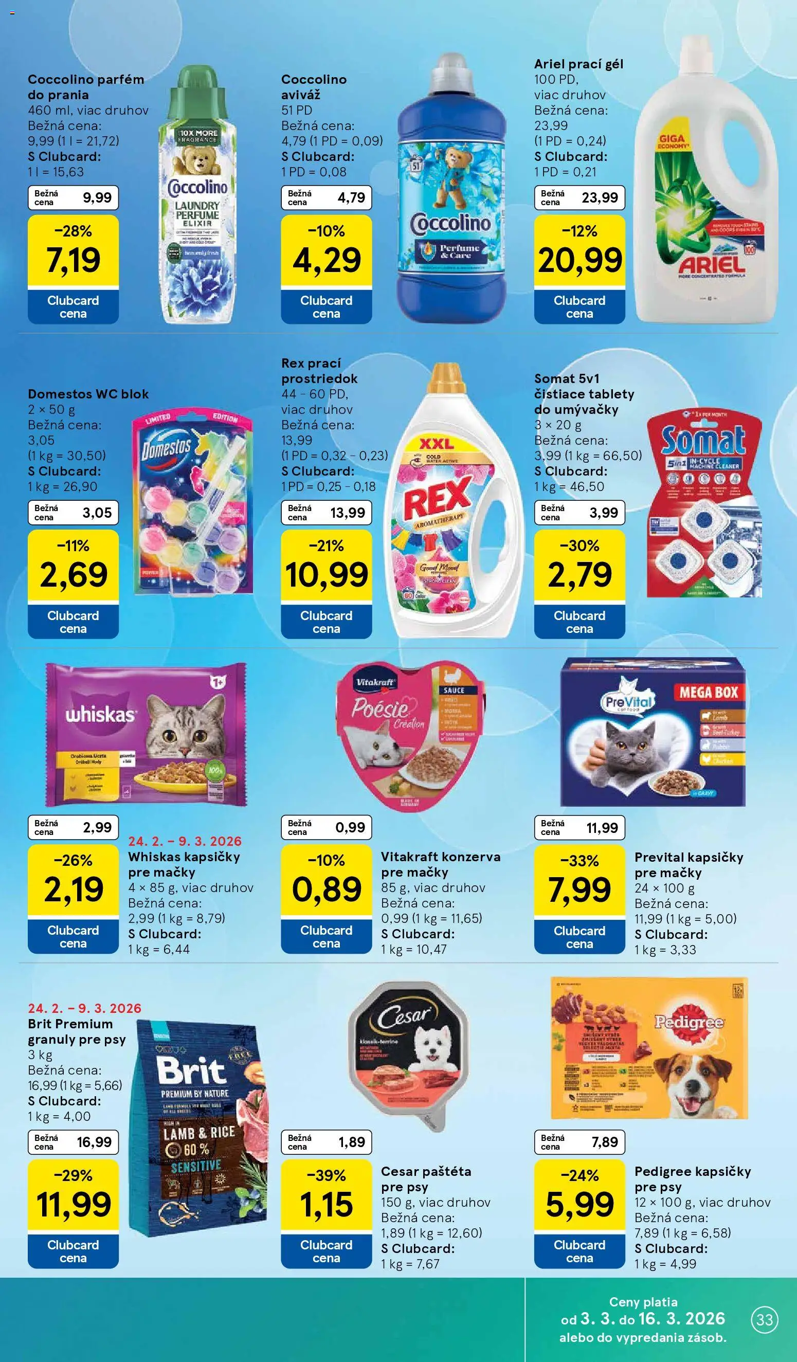 Nové Tesco akcie – leták je platný od 04.03.2026 | Strana: 33 | Produkty: Wc, Ariel, Coccolino, Domestos