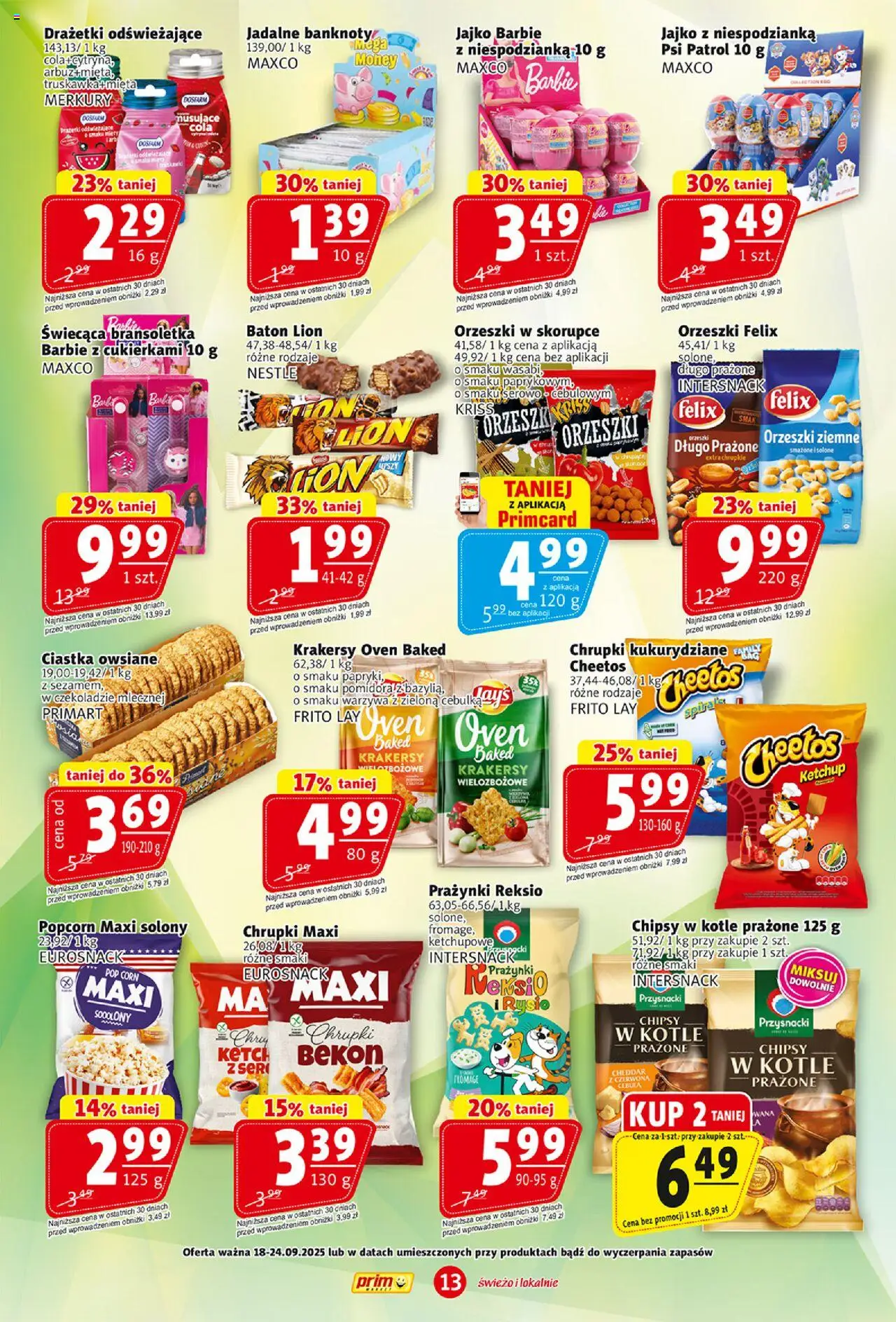 Prim Market Gazetka od 18.09.2025 | Strona: 13 | Produkty: Chipsy, Ketchup, Ciastka owsiane, Cheddar