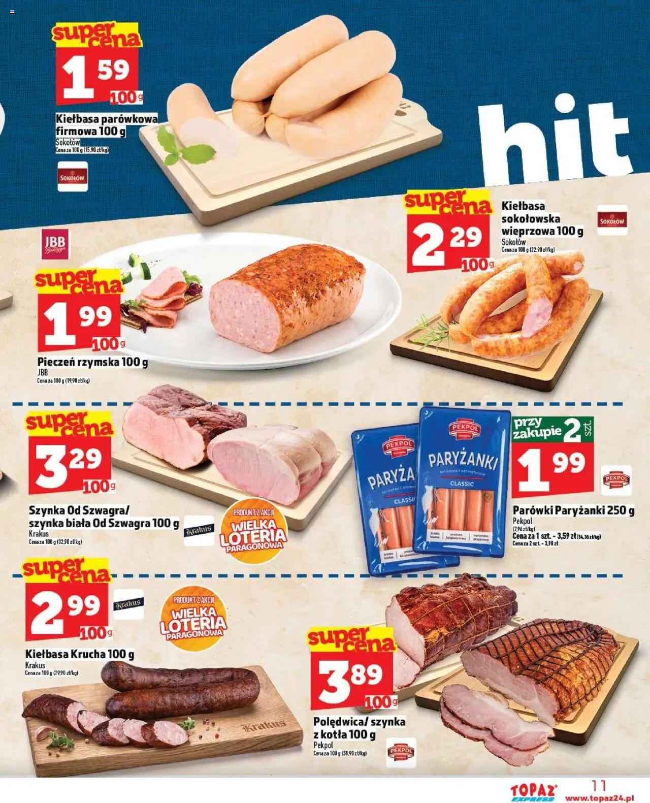 Topaz Gazetka - Express od 09.10.2025 | Strona: 11 | Produkty: Kiełbasa, Parówki, Szynka