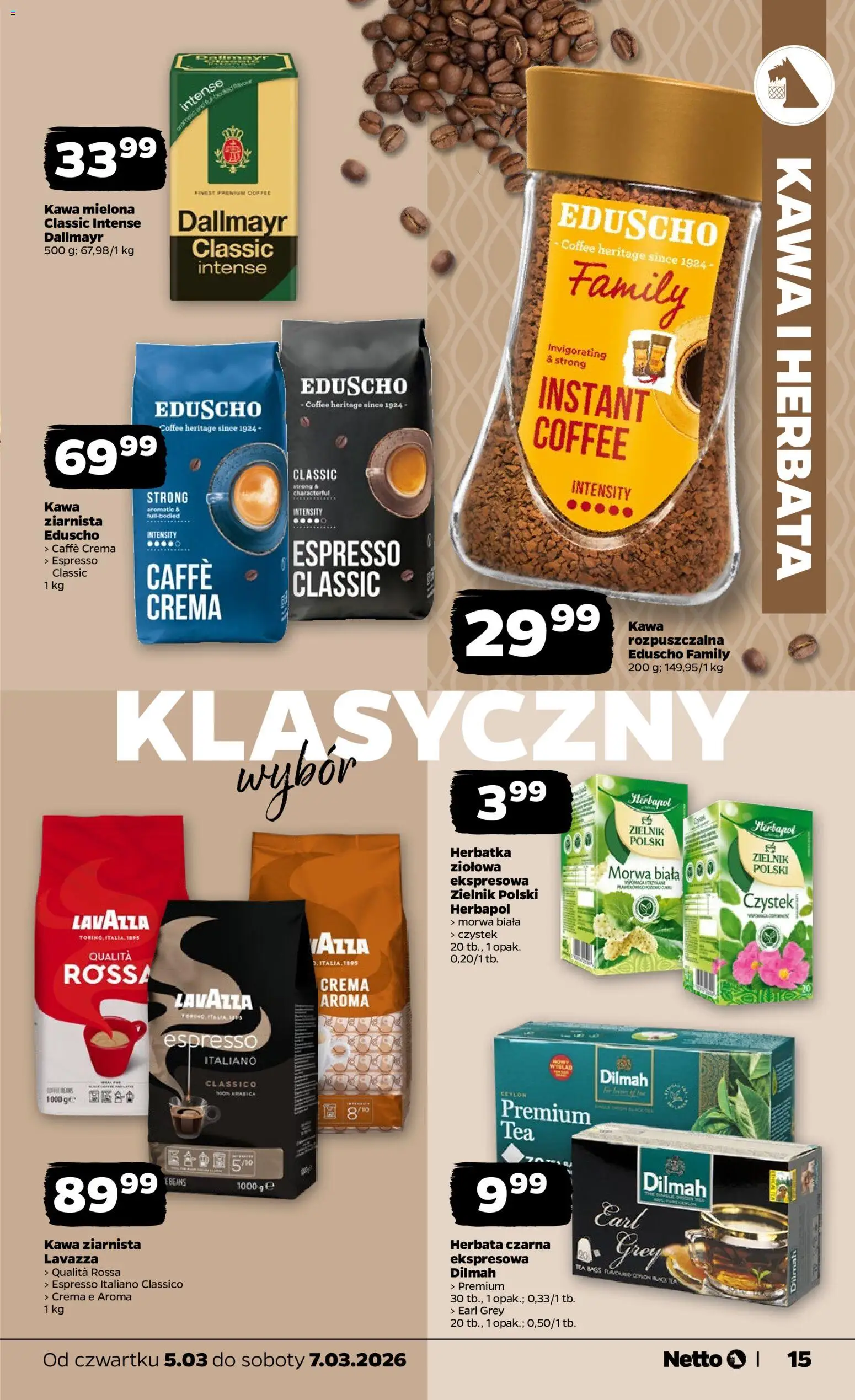 Netto gazetka od czwartku spożywcza od 05.03.2026 | Strona: 15 | Produkty: Lavazza crema, Kawa ziarnista, Lavazza, Herbata