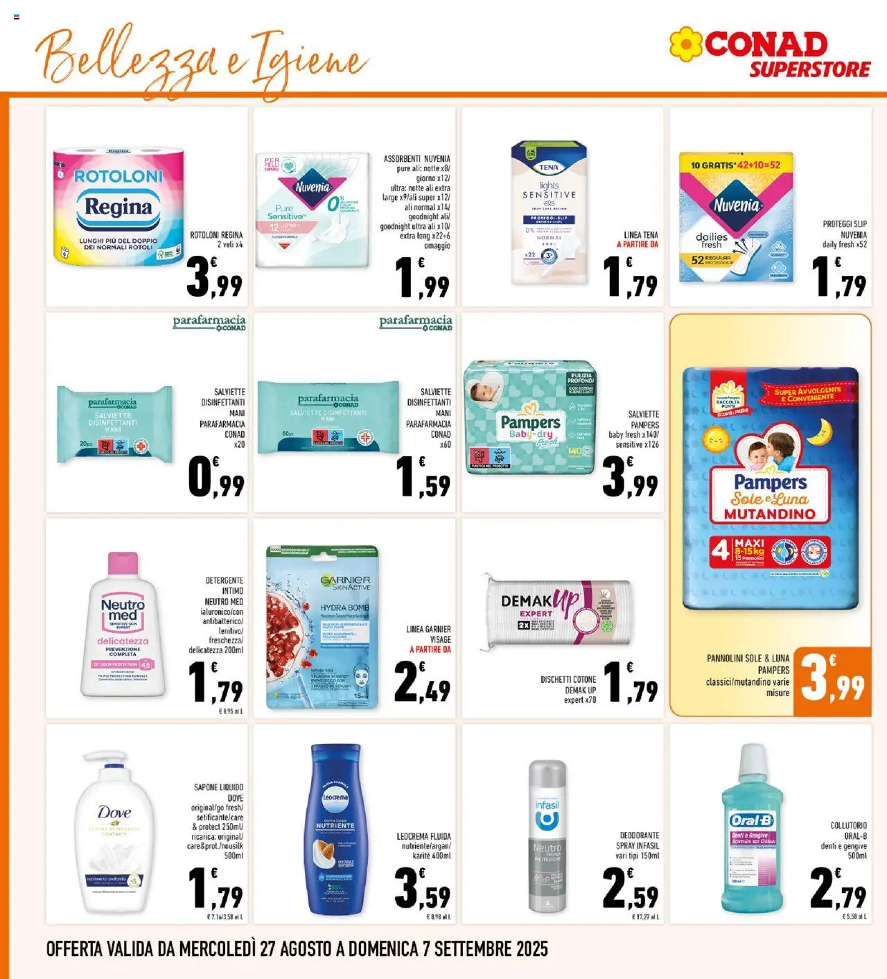 Volantino Conad del 27.08.2025 | Pagina: 24 | Prodotti: Sapone, Slip, Body, Pampers