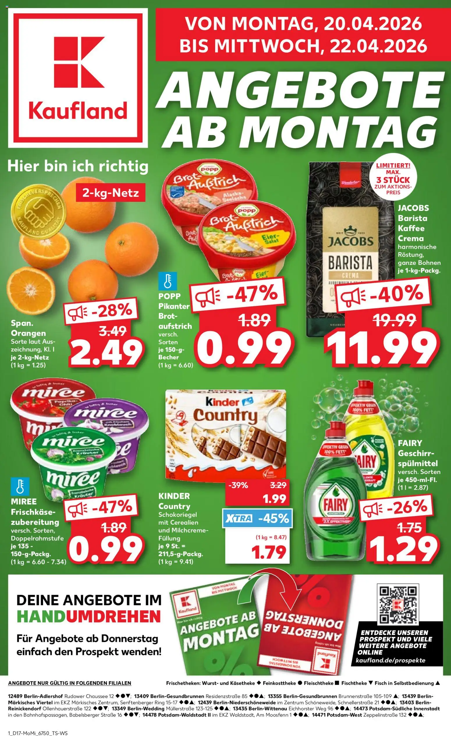 Kaufland Prospekt Potsdam	 – gültig ab 20.04.2026 | Seite: 1 | Produkte: Orangen, Geschirrspülmittel, Frischkase, Kinder country