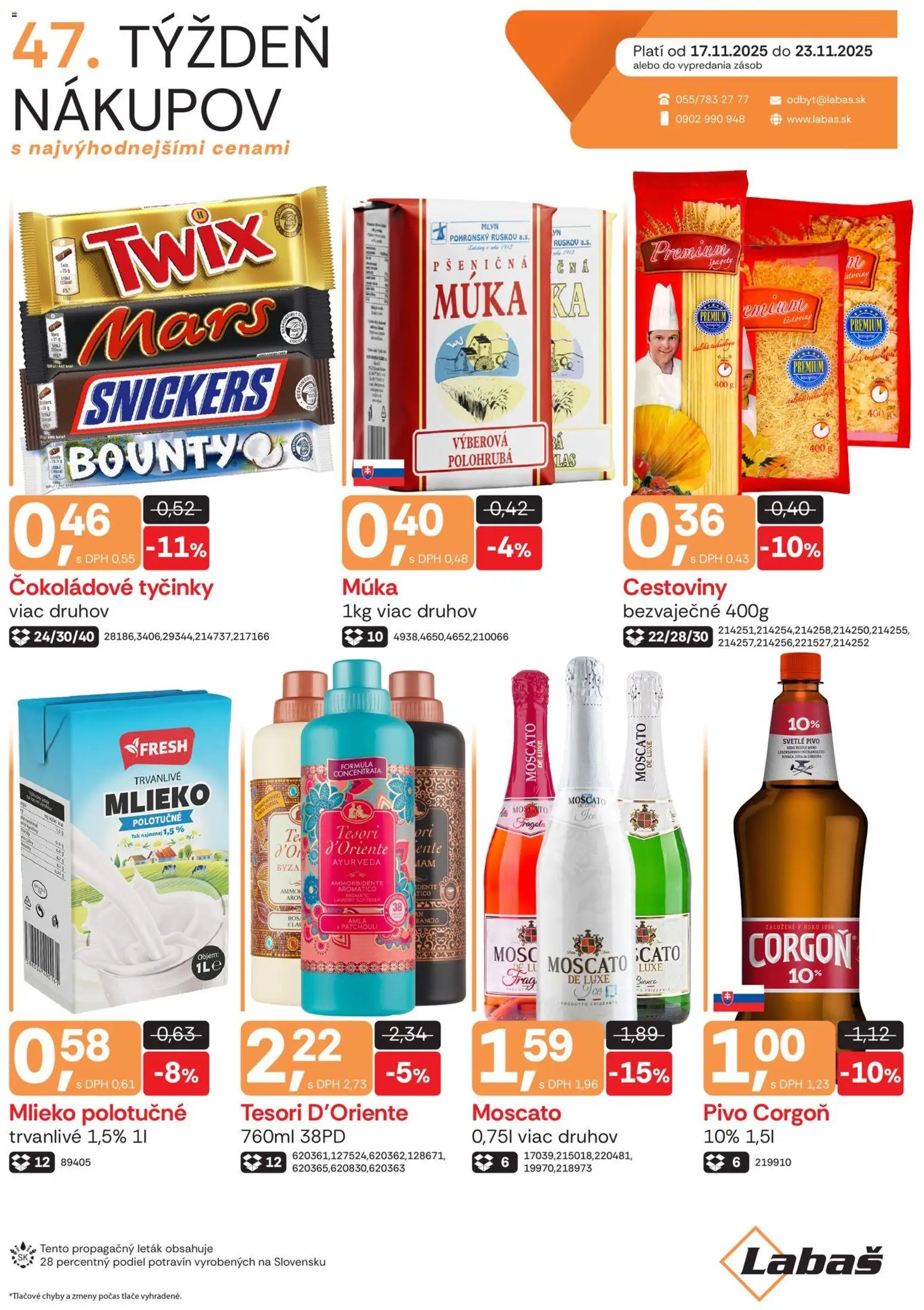 Nové Labaš akcie – leták je platný od 17.11.2025 | Strana: 1 | Produkty: Mlieko, Pivo, Cestoviny, Špagety