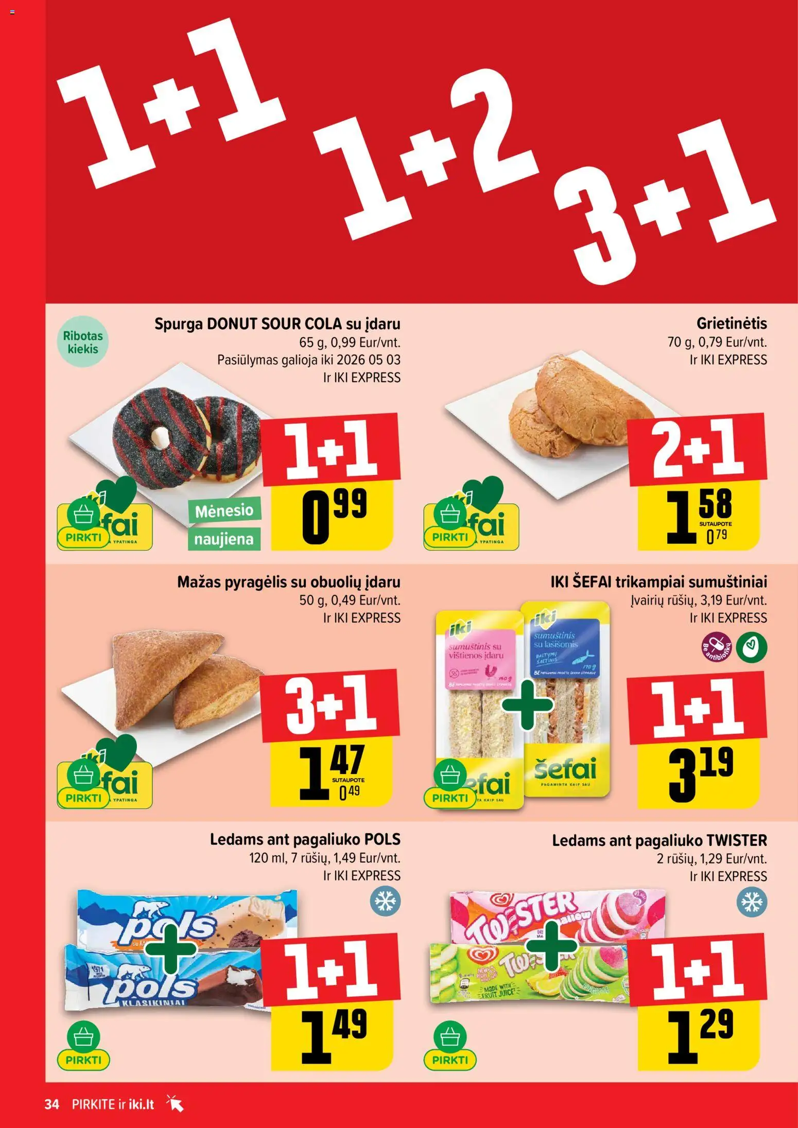 IKI akcijos nuo 20.04.2026 | Puslapis: 34 | Prekių: Vištienos, Spurga, Sumuštinis