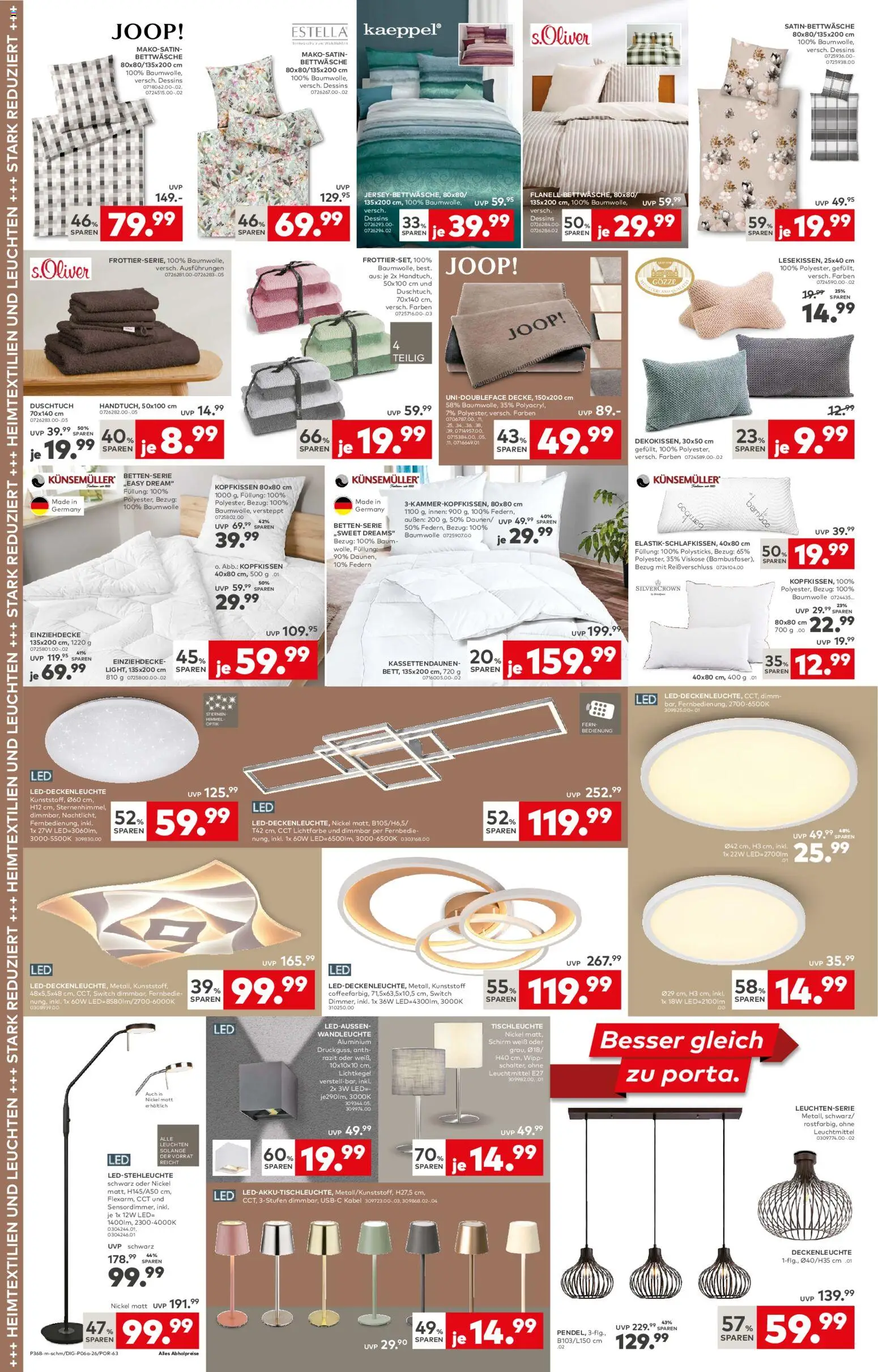 Porta! Jetzt 19% MwSt. sparen auf Haushalt, Leuchten, Deko und vieles mehr - Aachen – gültig ab 01.02.2026 | Seite: 2 | Produkte: Kabel, Bettwäsche, Kopfkissen, Wandleuchte