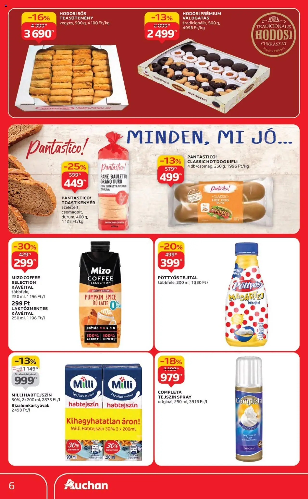 Auchan akciós ujság - amely érvényes a következő dátumtól: 18.09.2025 | Oldal: 6 | Termékek: Hot dog, Kifli, Tejszín, Toast kenyér