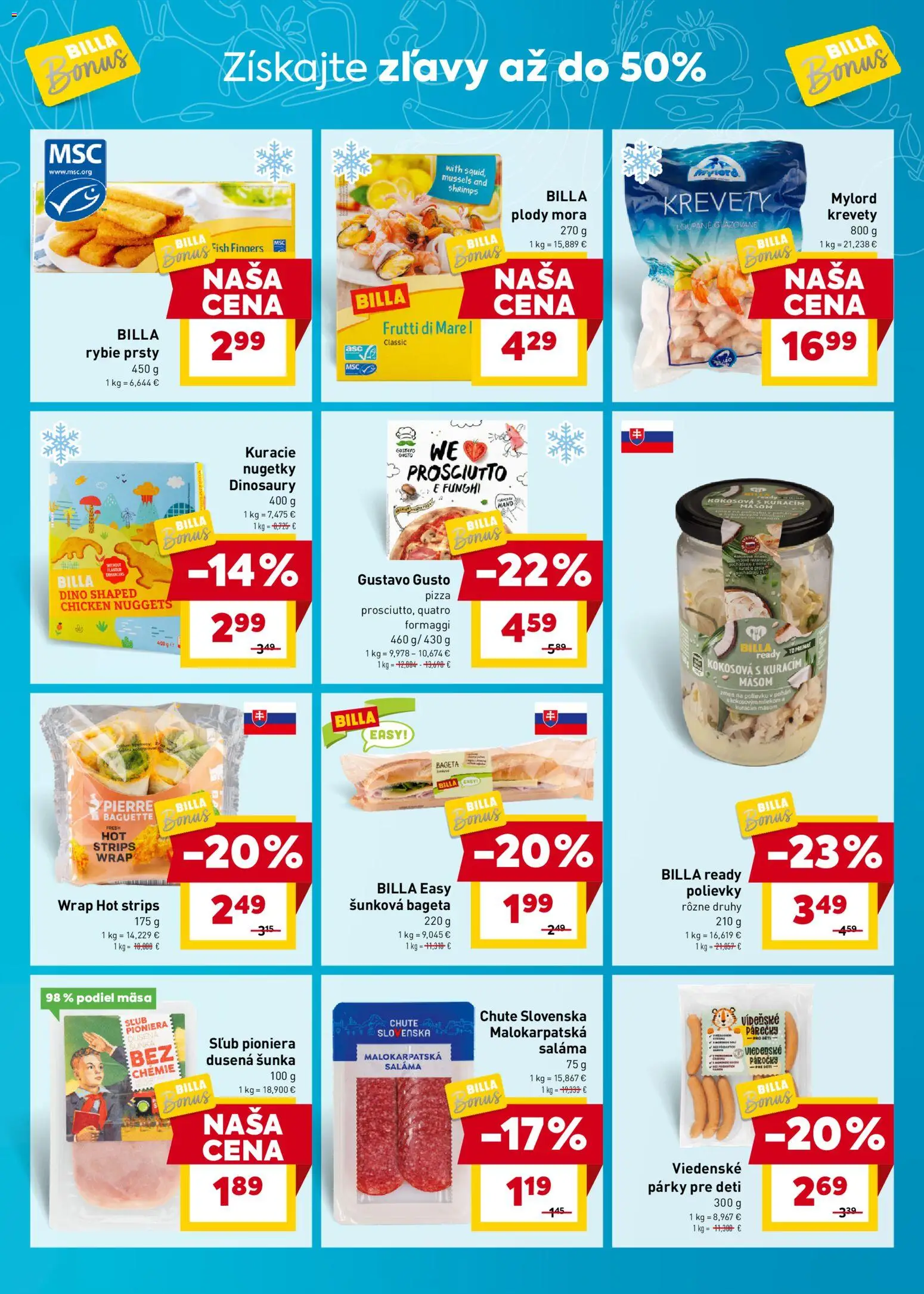 Nové Billa akcie – leták je platný od 22.10.2025 | Strana: 3 | Produkty: Saláma, Krevety, Pizza, Párky