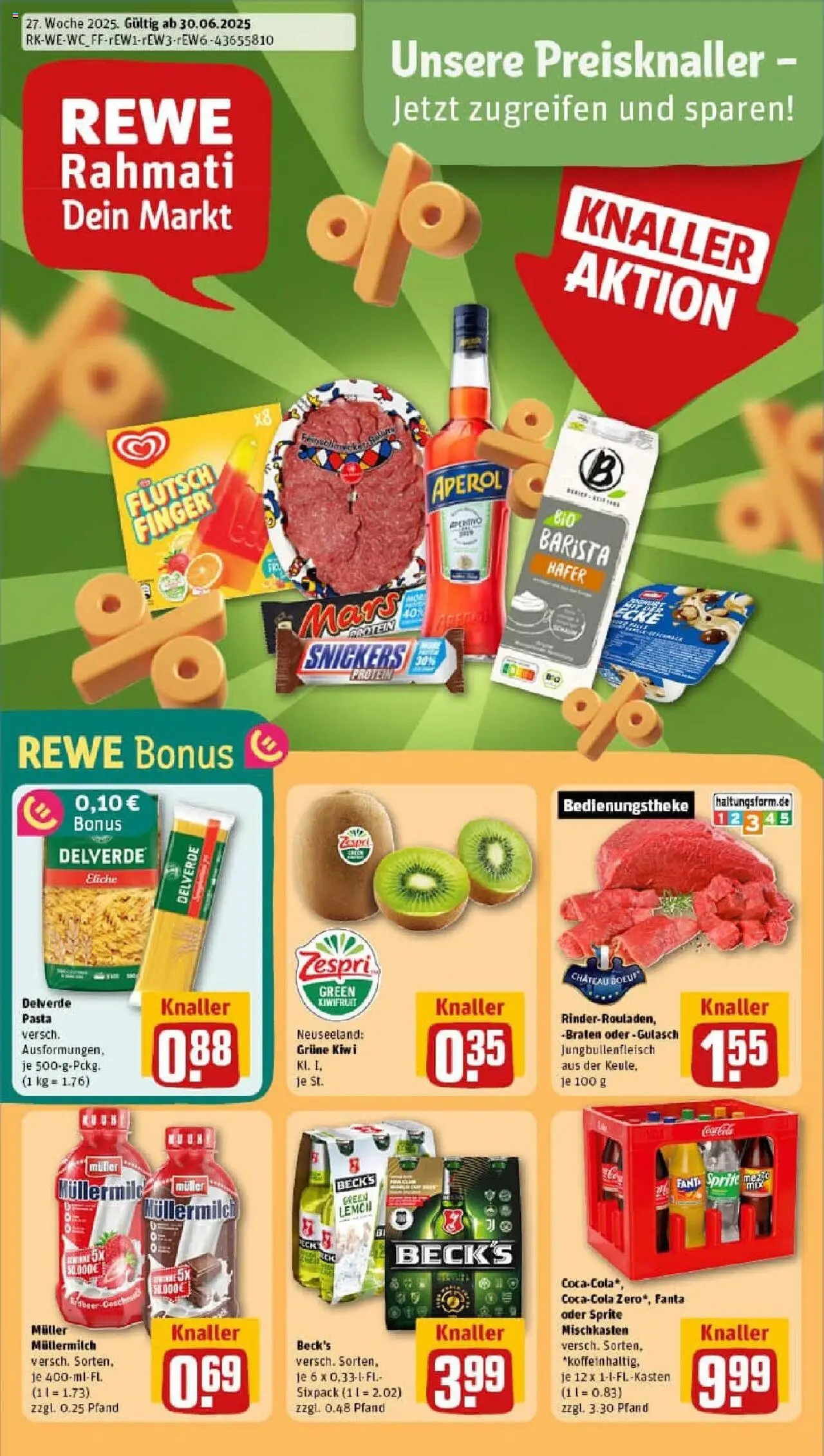 Rewe prospekt Frechen-Bachem	 - gültig ab dem 29.06.2025 | Seite: 1 | Produkte: Snickers, Mars, Kiwi, Muller mullermilch