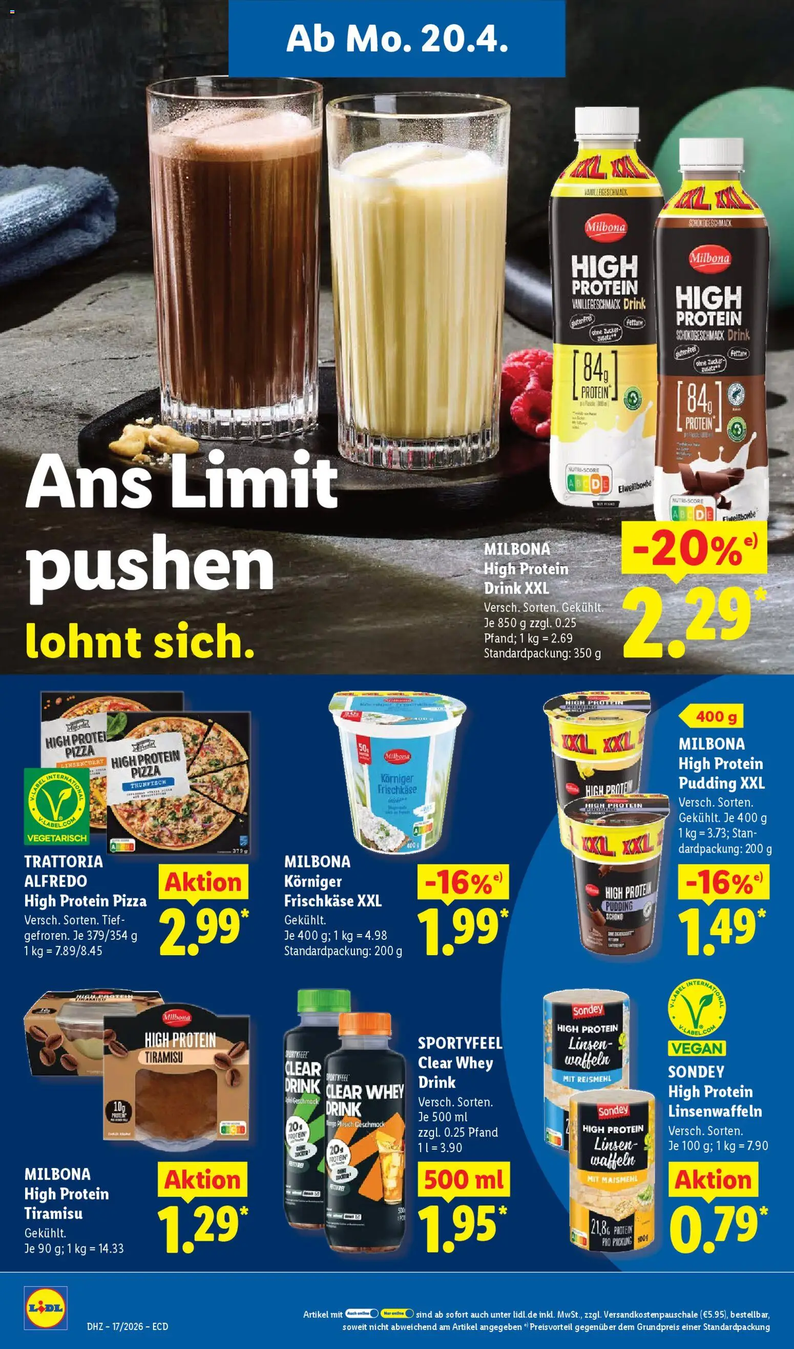 Lidl Německo leták od 20.04.2026 | Strana: 20 | Produkty: High protein pudding, Pizza, Milbona, Stan