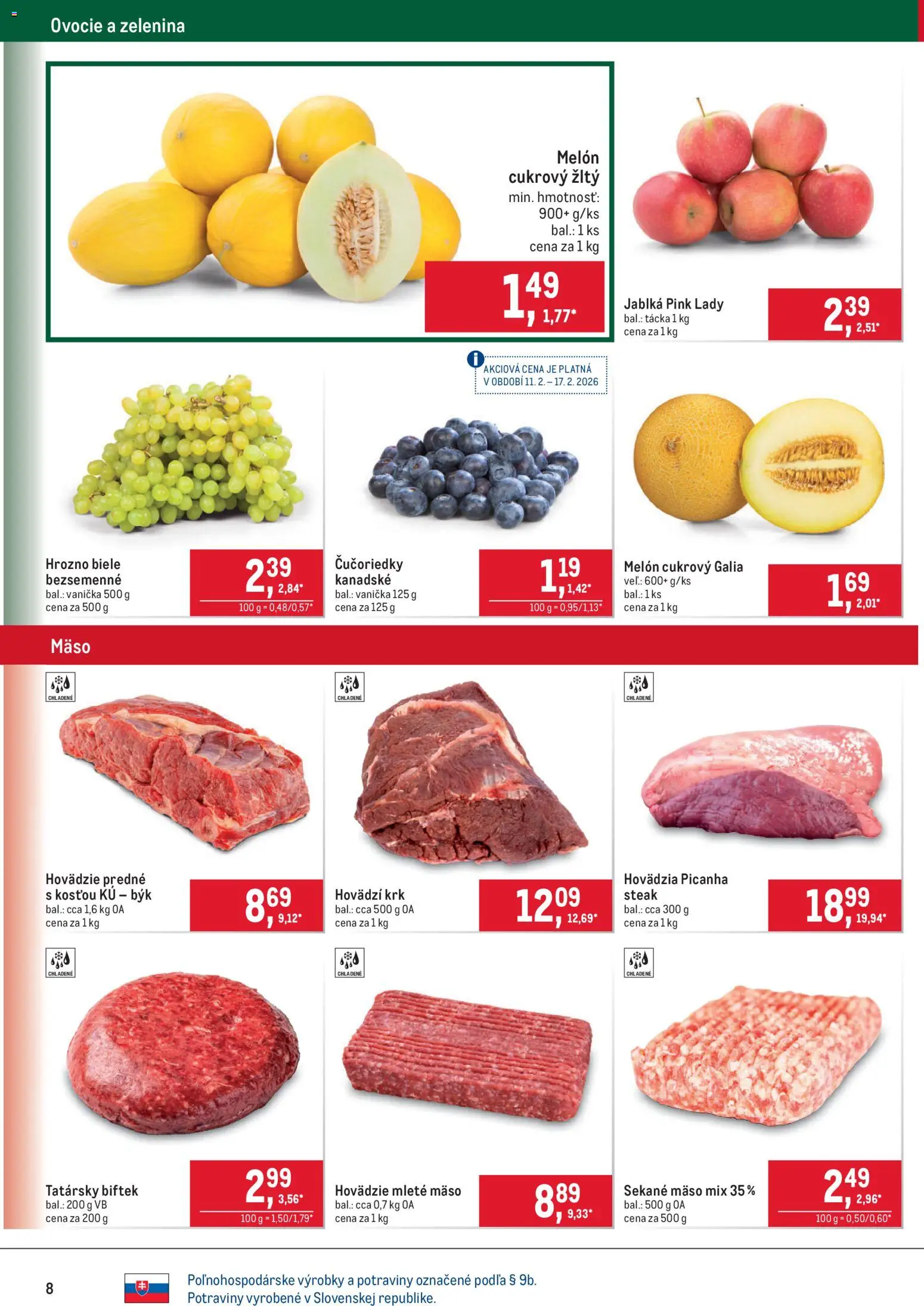 Nové Metro akcie – leták je platný od 11.02.2026 | Strana: 8 | Produkty: Jablká, Mleté mäso, Melón, Ovocie