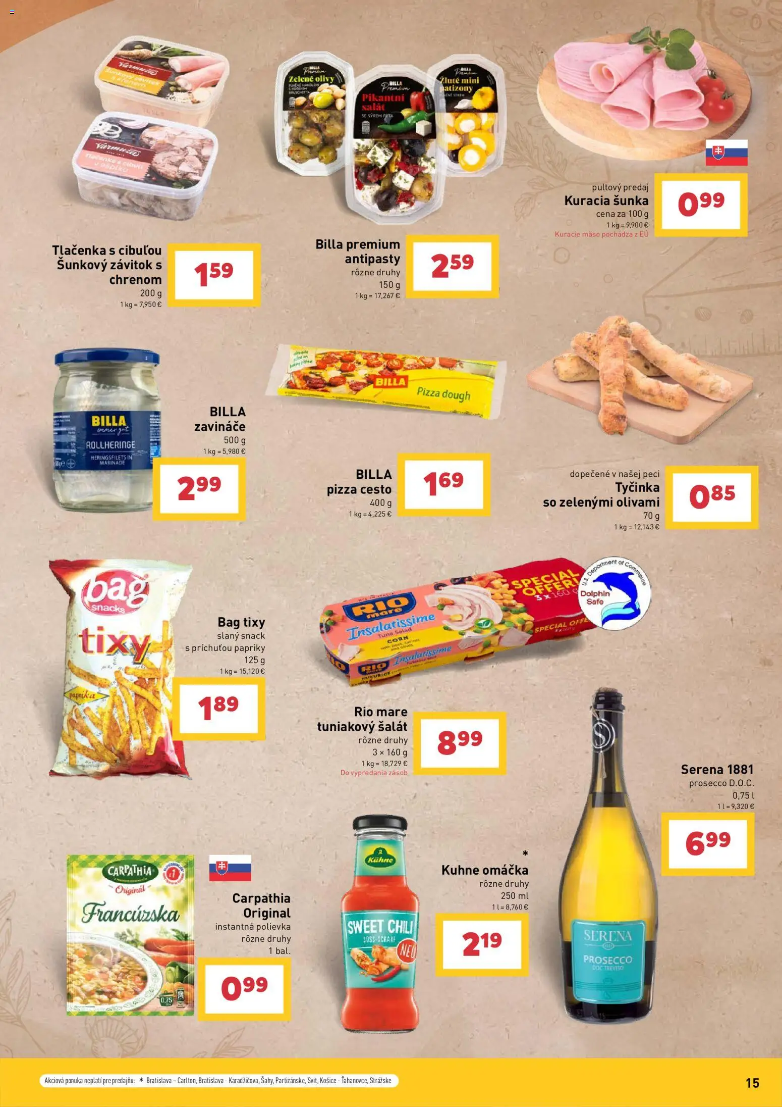 Nové Billa akcie – leták je platný od 29.04.2026 | Strana: 15 | Produkty: Pizza, Prosecco, Feta, Rio Mare