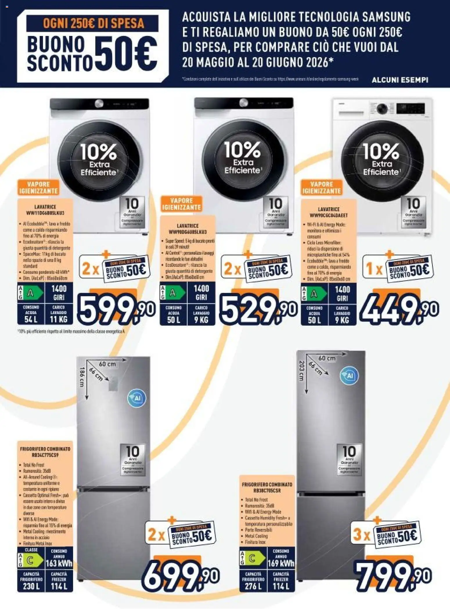 Volantino Unieuro del 20.04.2026 | Pagina: 7 | Prodotti: Freezer, Lavatrice, Frigorifero combinato, Samsung