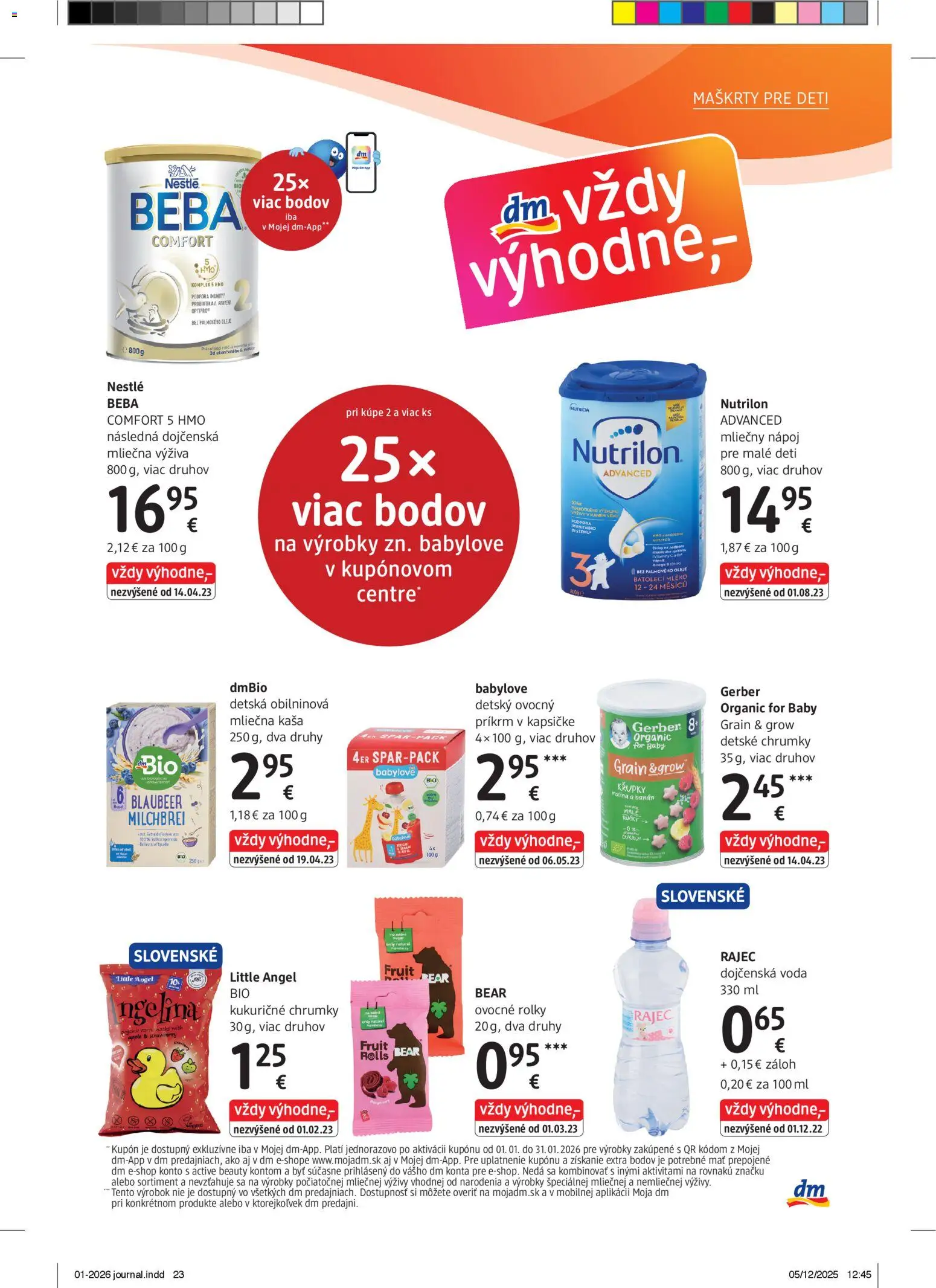 Nové dm drogerie akcie – leták je platný od 01.01.2026 | Strana: 23 | Produkty: Nutrilon, Rajec, Voda, Beba