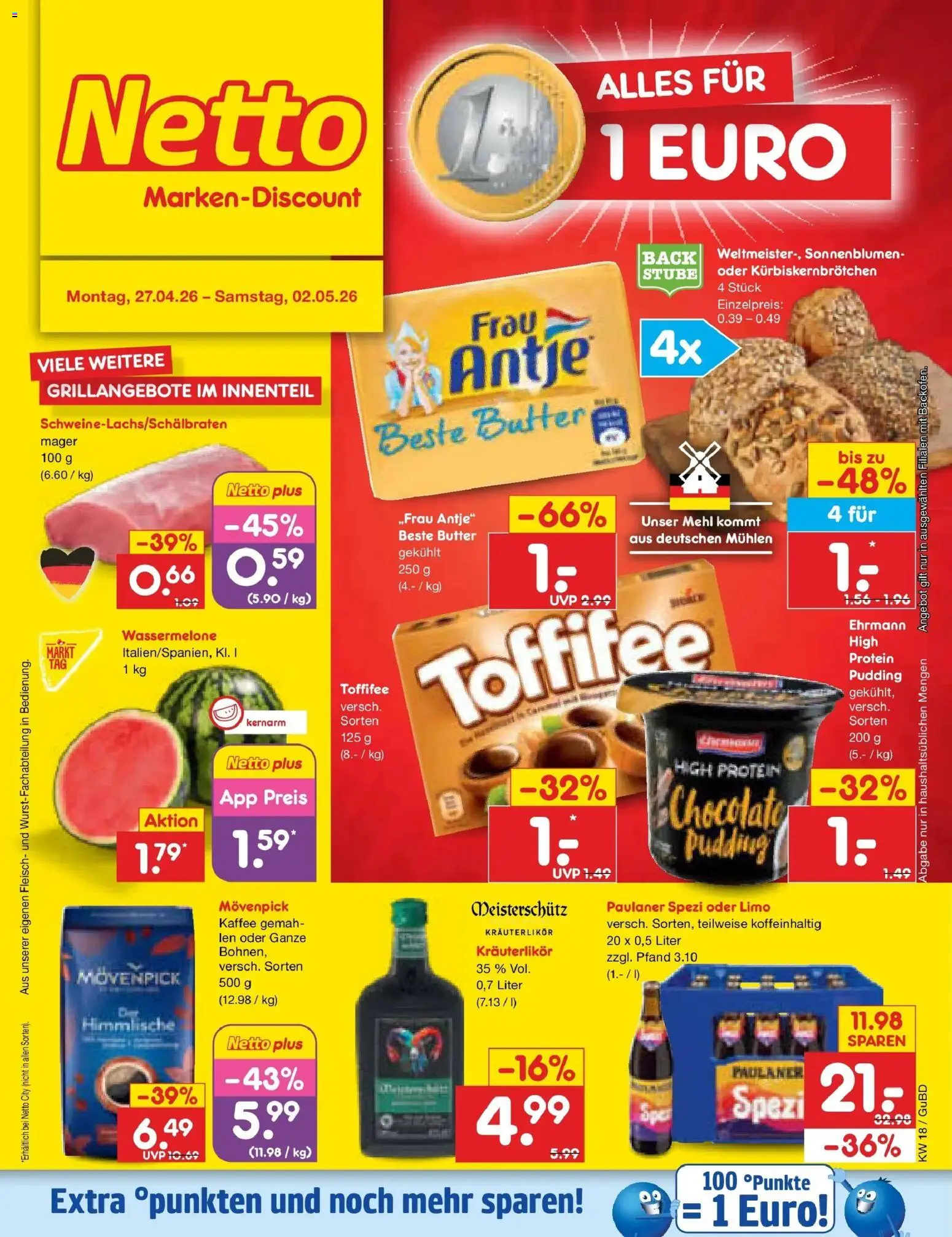 Netto Marken-Discount Prospekt Augustusburg	 – gültig ab 27.04.2026 | Seite: 1 | Produkte: Paulaner spezi, Wassermelone, Fleisch, Paulaner
