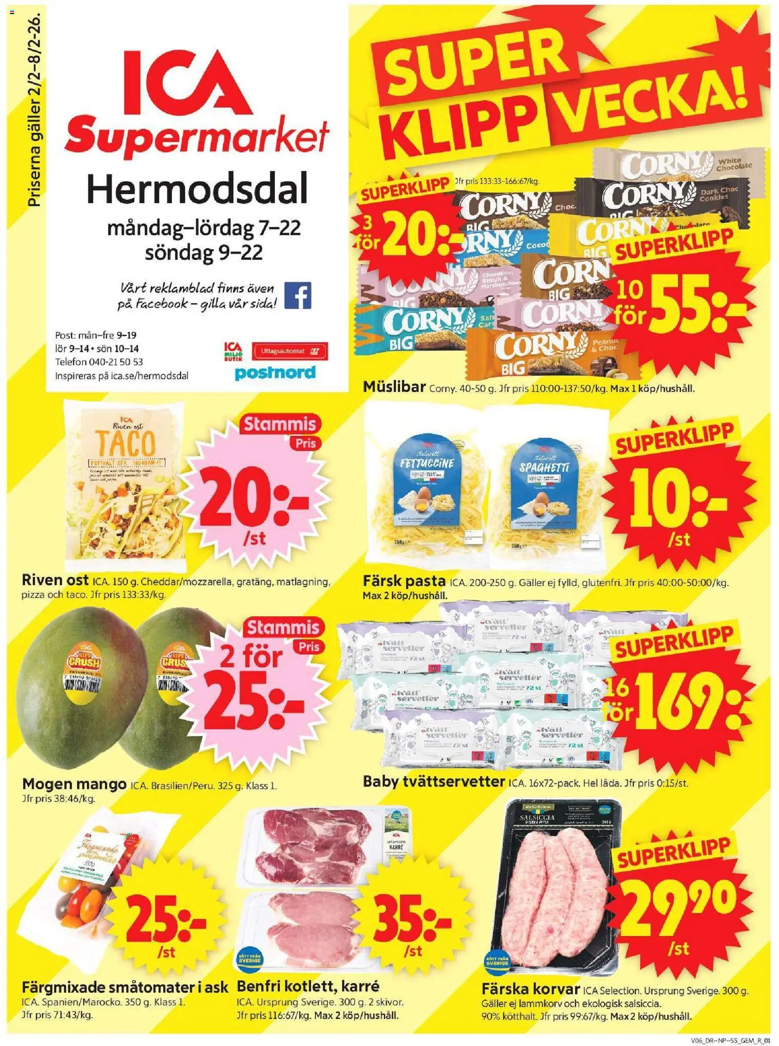 ICA Supermarket reklamblad aktuell från 02.02.2026 | Sida: 1 | Produkter: Riven ost, Pasta, Telefon, Servetter