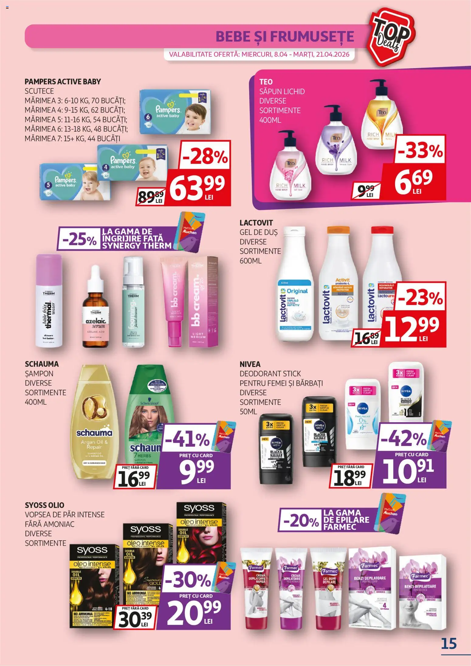 Noul catalog Auchan – valabil de la 08.04.2026 | Pagină: 15 | Produse: Serum, Duș, Deodorant, Scutece