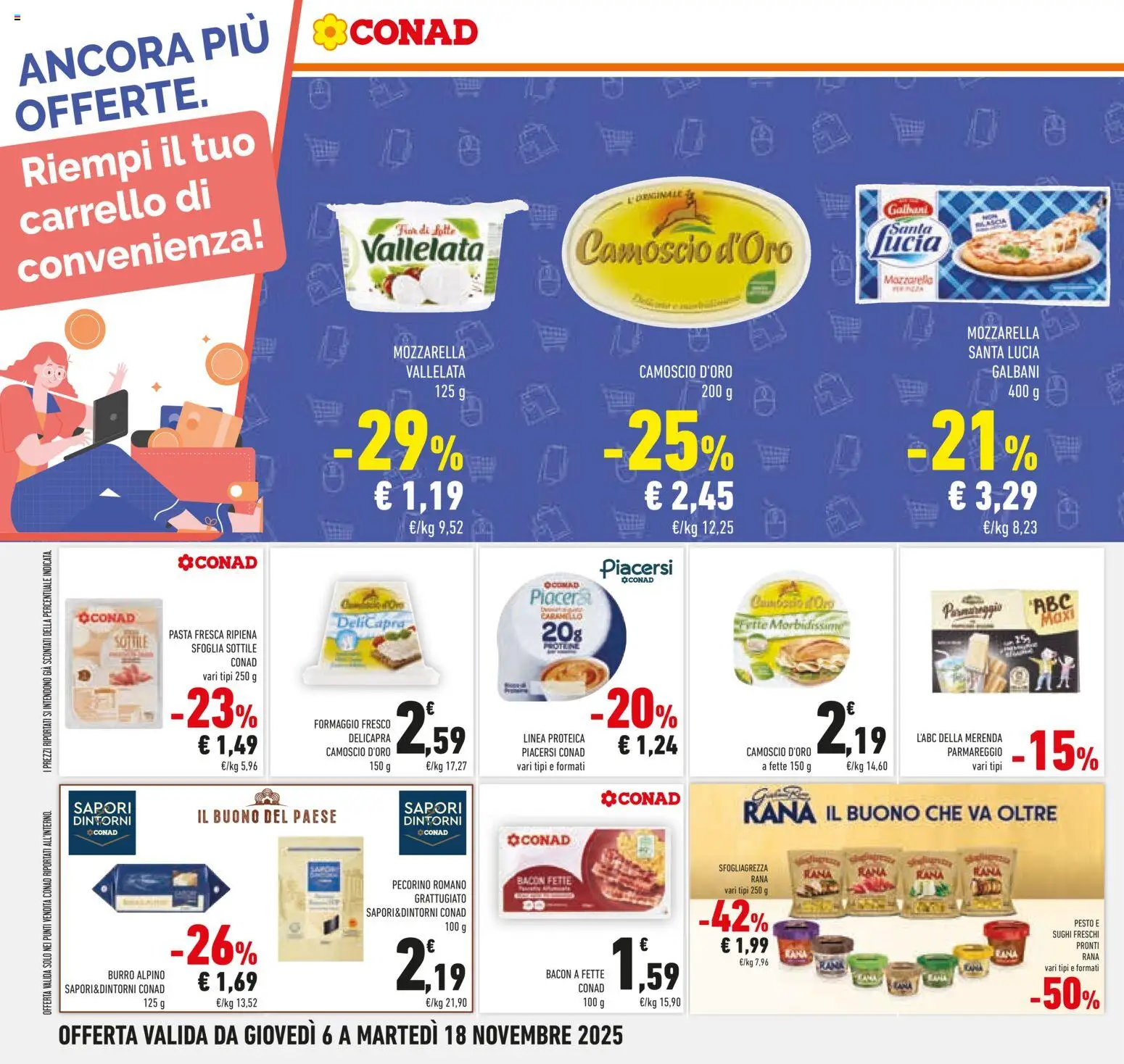 Volantino Conad del 06.11.2025 | Pagina: 30 | Prodotti: Mozzarella, Formaggio, Pasta, Carrello