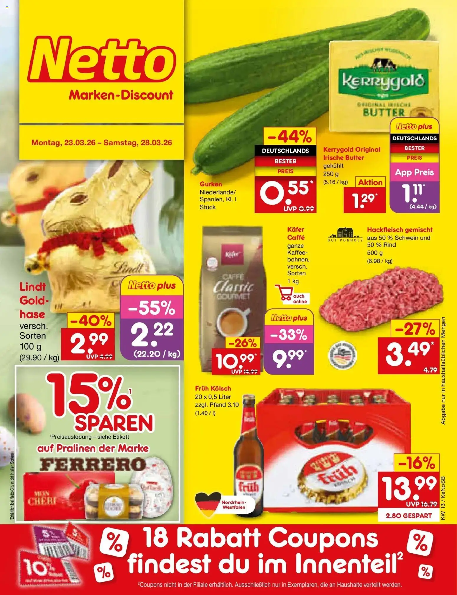 Netto Marken-Discount Prospekt Bonn	 – gültig ab 23.03.2026 | Seite: 1 | Produkte: Butter, Kaffee, Lindt, Hackfleisch