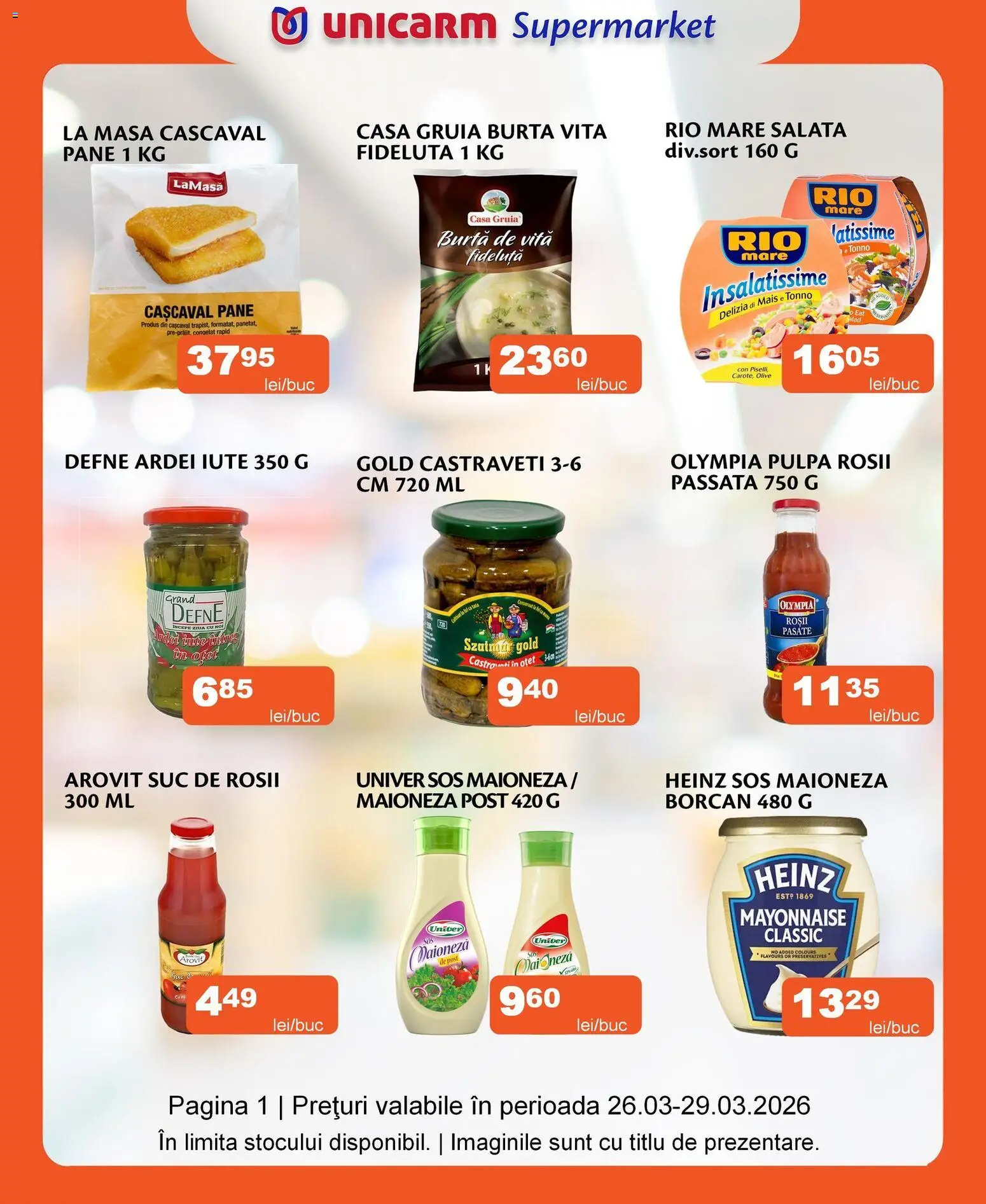 Noul catalog Unicarm – valabil de la 26.03.2026 | Pagină: 1 | Produse: Cașcaval, Castraveți, Maioneză, Sos