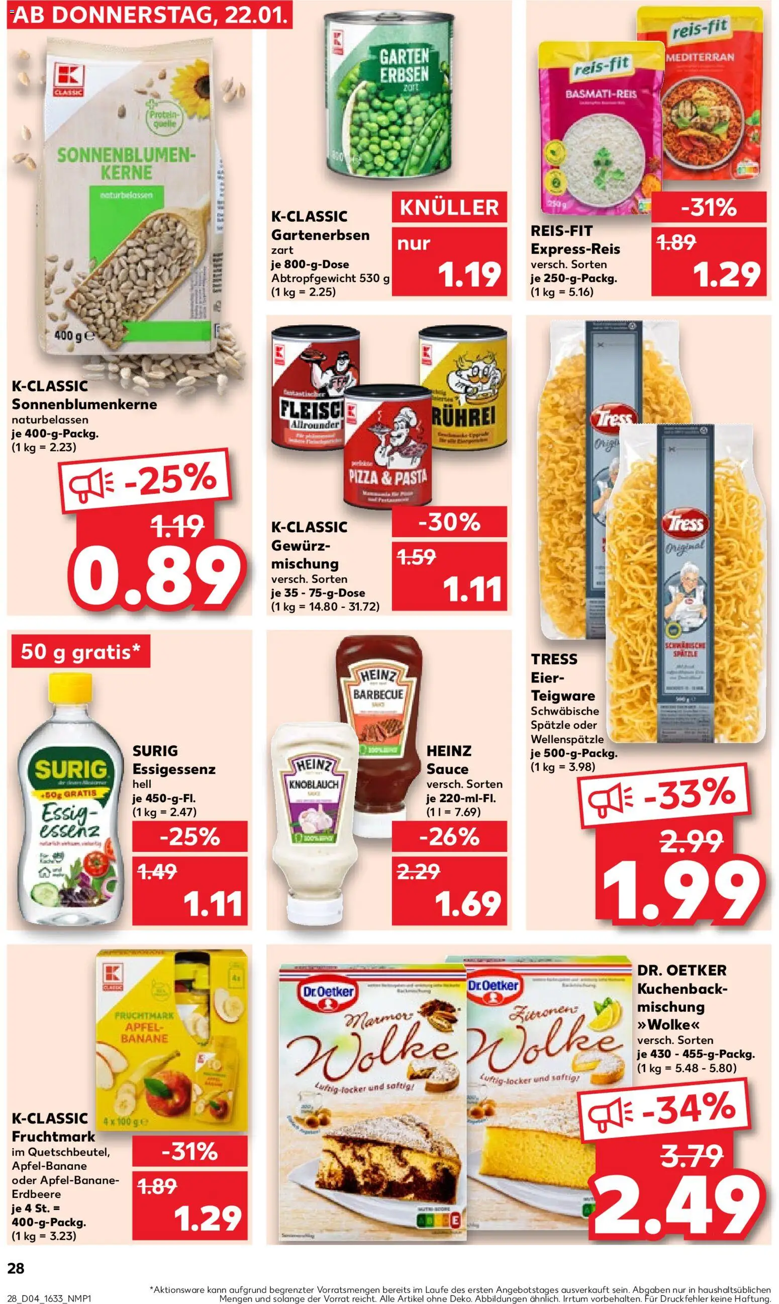 Kaufland Prospekt 	 – gültig ab 22.01.2026 | Seite: 28 | Produkte: Basmatireis, Essig, Knoblauch, Pasta