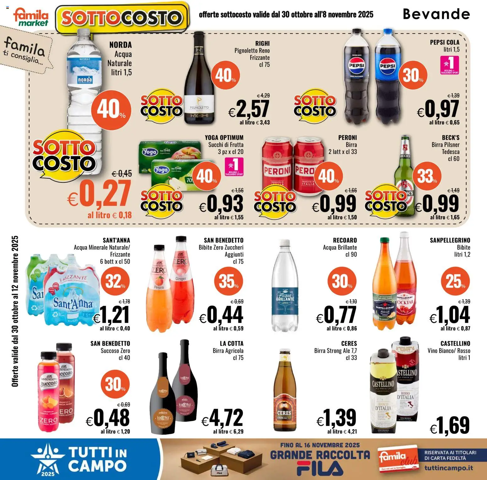 Volantino Famila del 30.10.2025 | Pagina: 8 | Prodotti: Acqua, Vino, Pesca, Arancia