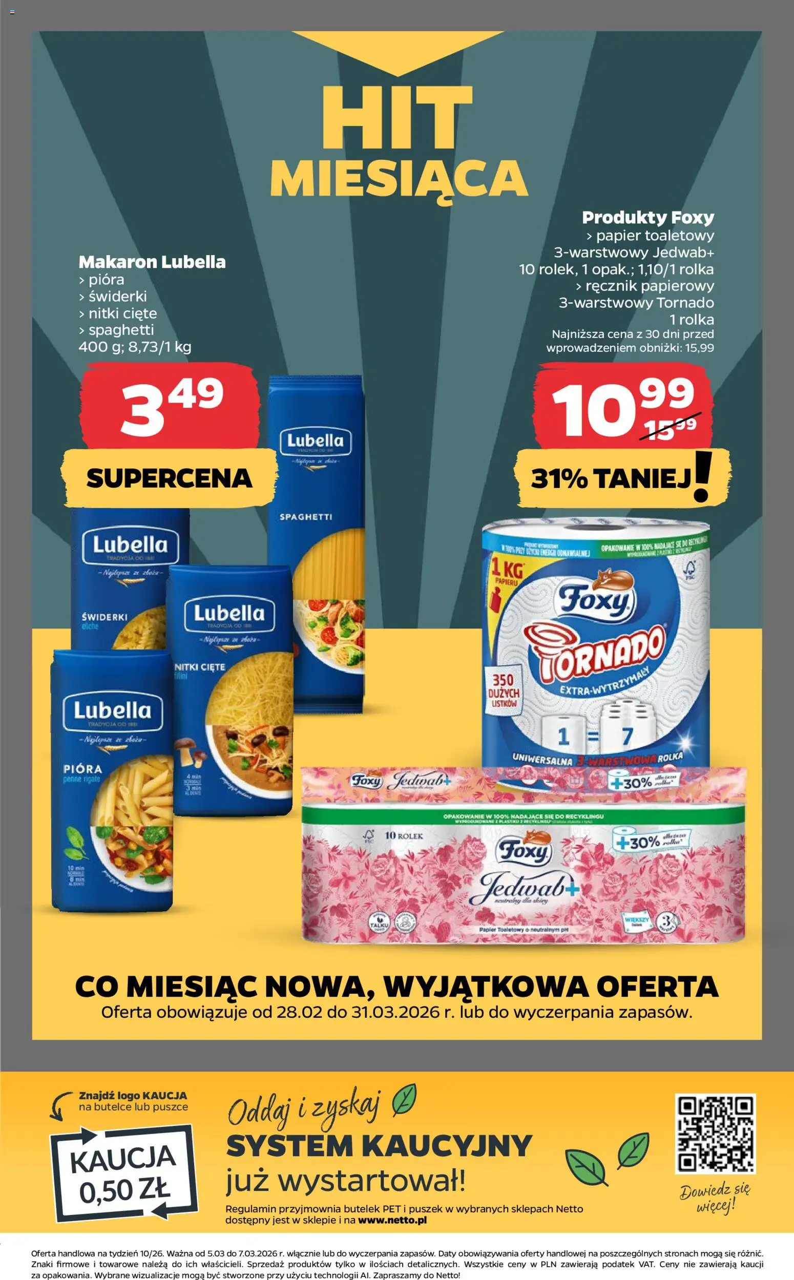 Netto gazetka od czwartku spożywcza od 05.03.2026 | Strona: 21 | Produkty: Papier toaletowy, Penne, Makaron, Ręcznik papierowy