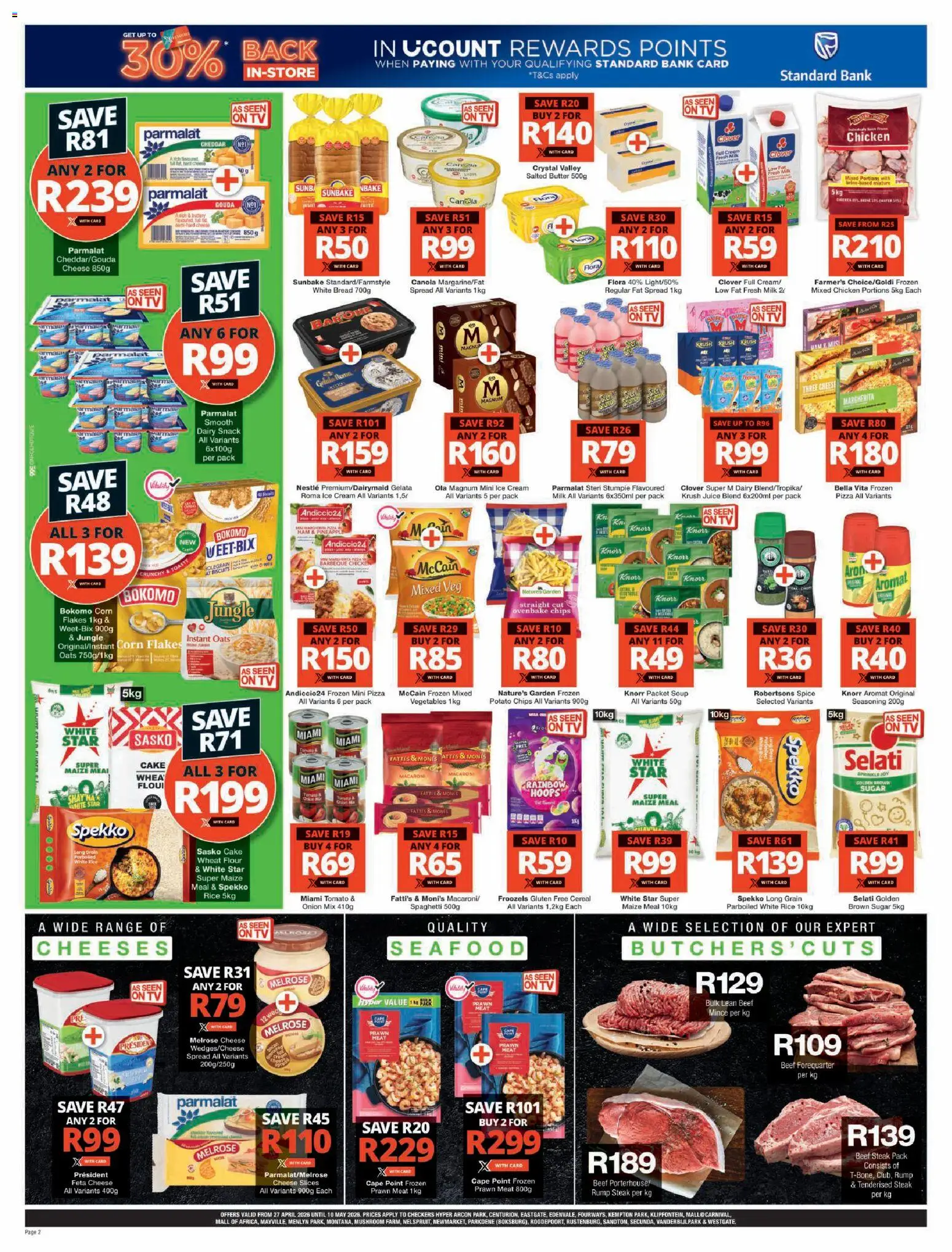 New Checkers catalogue – valid from 27.04.2026 | Page: 2 | Products: Steak, Cheese, Pizza, Ice cream