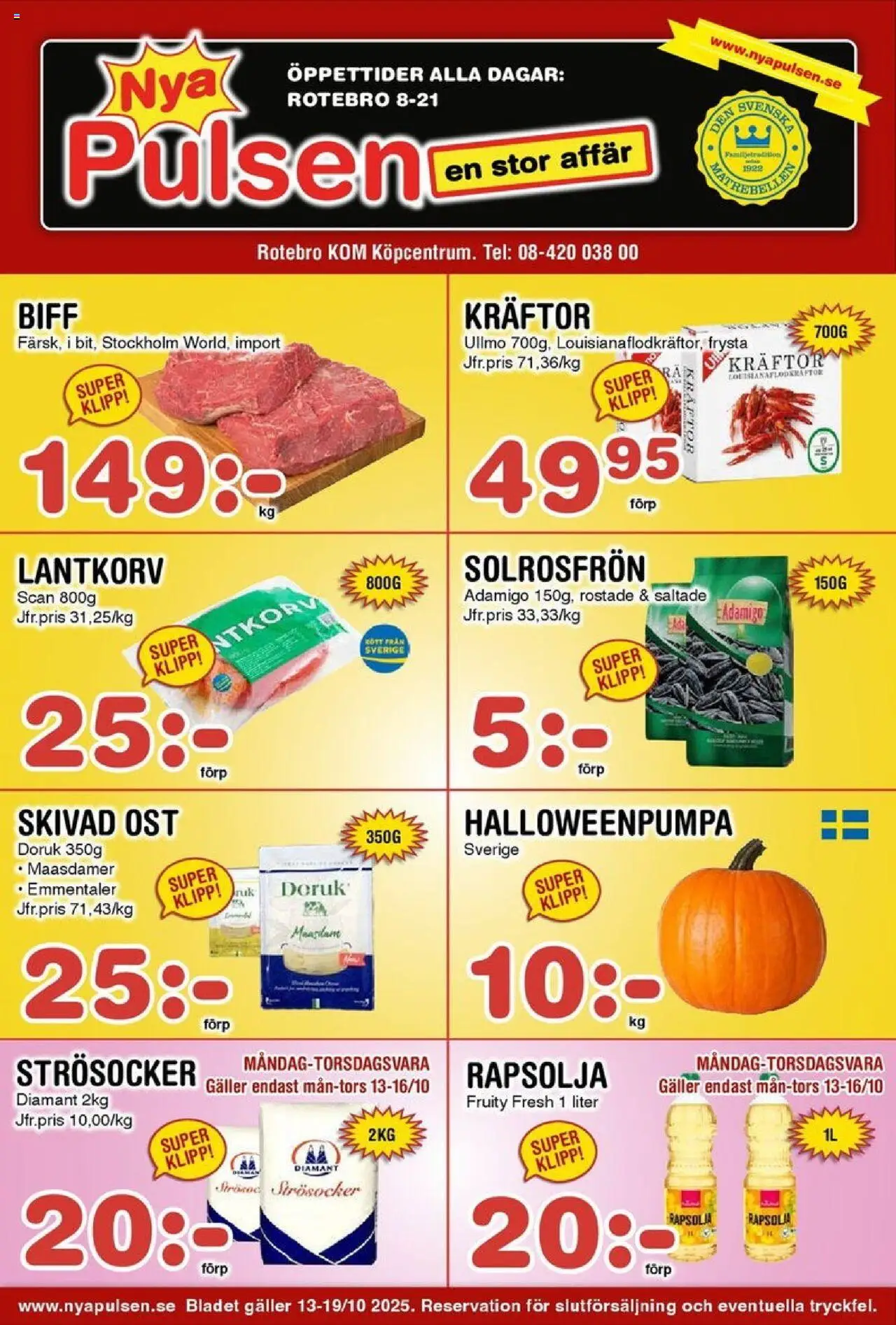 Nya Pulsen reklamblad aktuell från 13.10.2025 | Sida: 1 | Produkter: Strösocker, Galler, Rapsolja, Ost
