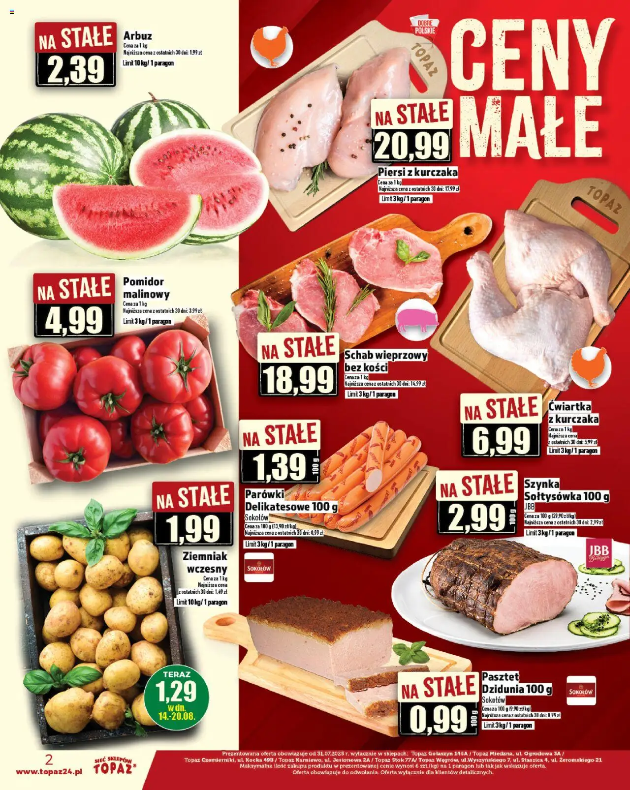 Topaz Gazetka - Ceny małe na stałe od 14.08.2025 | Strona: 2 | Produkty: Schab wieprzowy, Parówki, Szynka, Ćwiartka z kurczaka