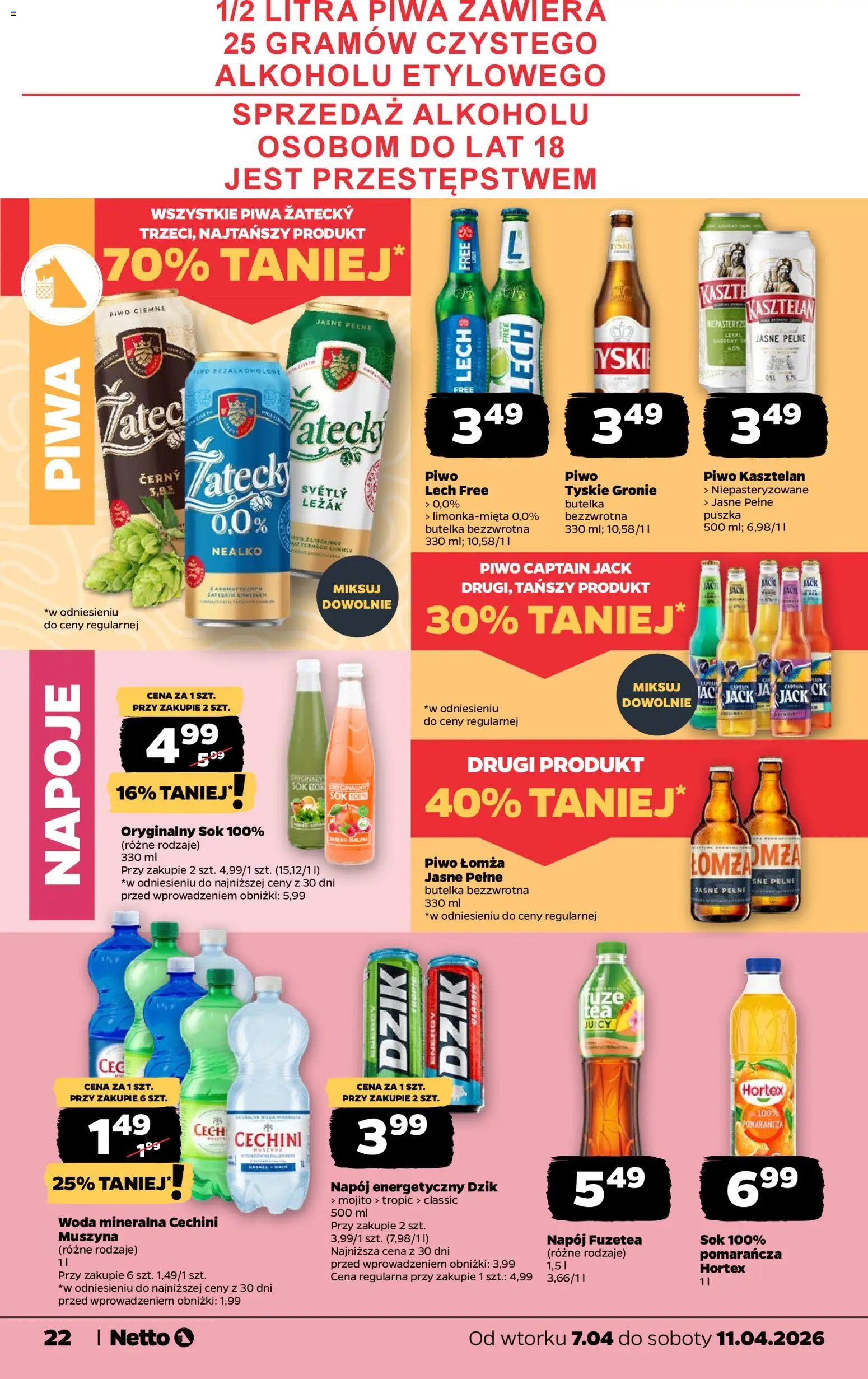 Netto gazetka od wtorku spożywcza od 07.04.2026 | Strona: 22 | Produkty: Napoje, Leżak, Tyskie, Sok