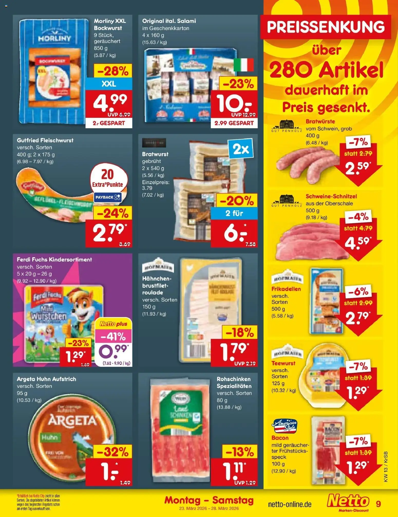 Netto Marken-Discount Prospekt Jüchen	 – gültig ab 23.03.2026 | Seite: 9 | Produkte: Bockwurst, Hahnchen, Bratwurst, Salami