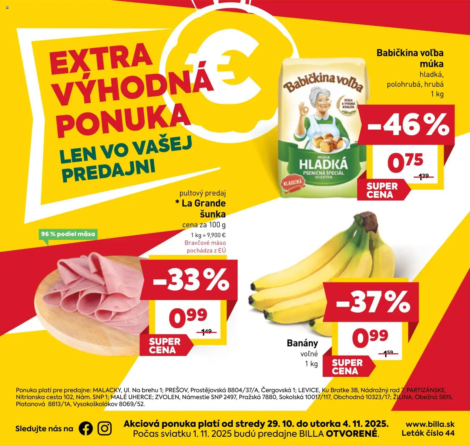 Nové Billa akcie – leták je platný od 29.10.2025 | Strana: 1 | Produkty: Šunka, Banány, Bravčové mäso, Múka