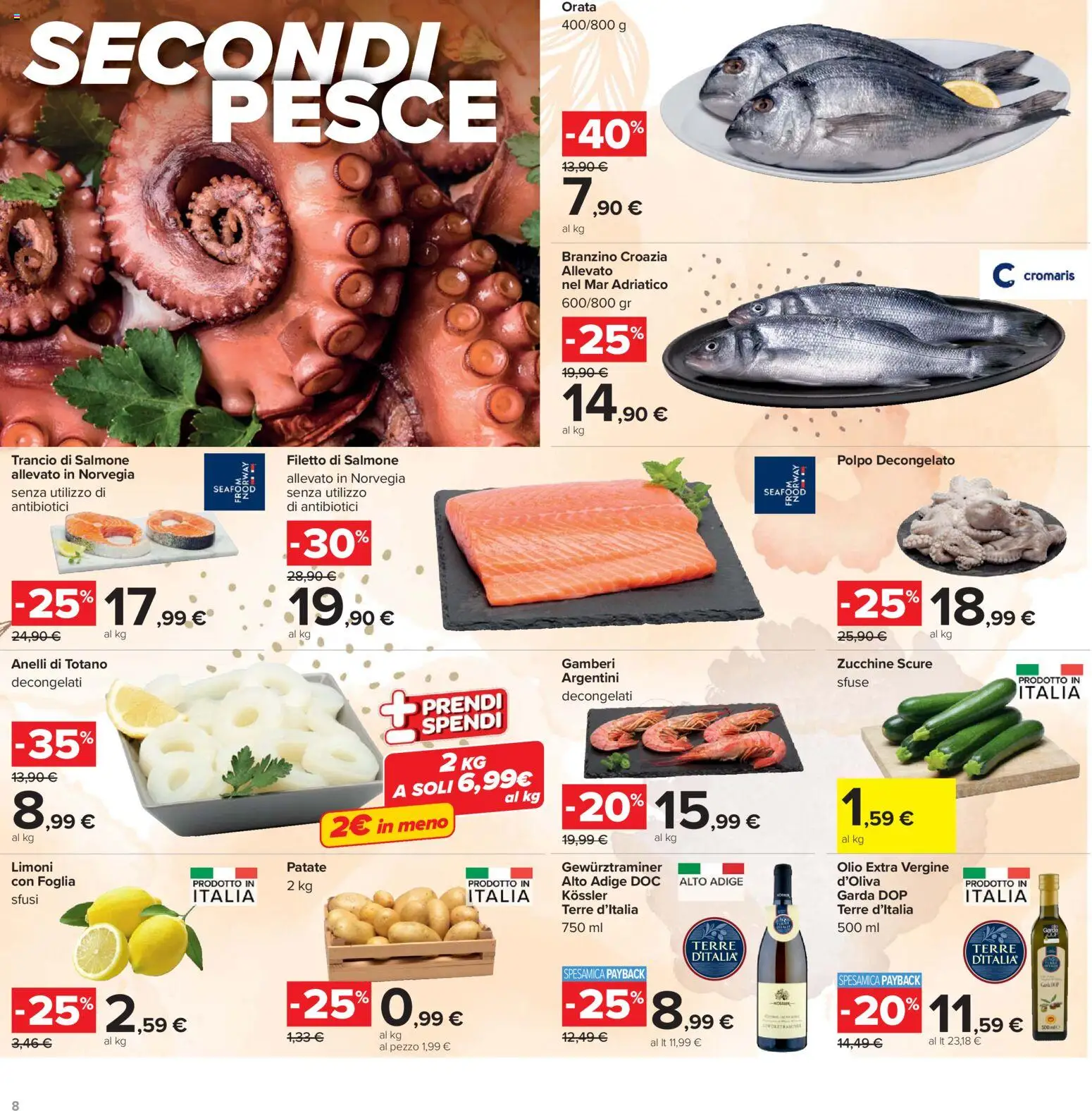 Volantino Carrefour del 24.03.2026 | Pagina: 8 | Prodotti: Salmone, Pesce, Orata, Olio