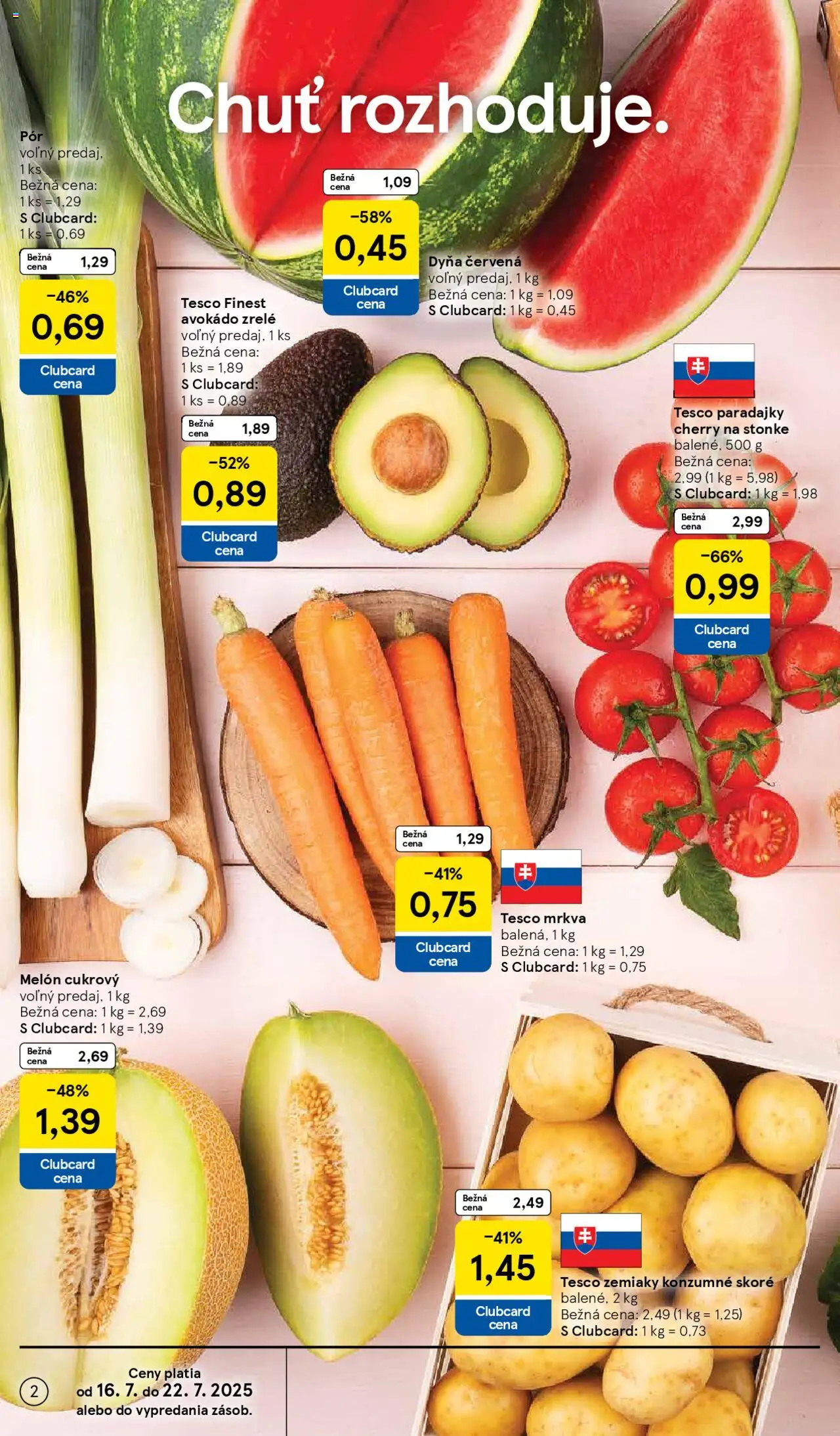 Tesco Hypermarket - leták │ platný od 16.07.2025 | Strana: 2 | Produkty: Mrkva, Avokádo, Zemiaky, Melón