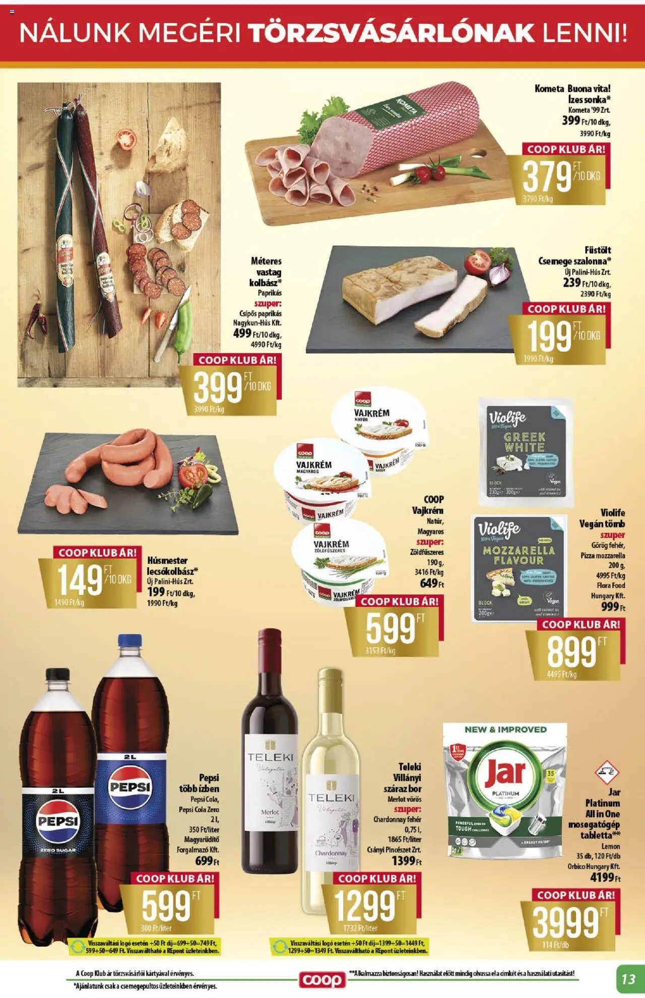 COOP akciós ujság - amely érvényes a következő dátumtól: 16.10.2025 | Oldal: 13 | Termékek: Pepsi, Cola, Bor, Vegán