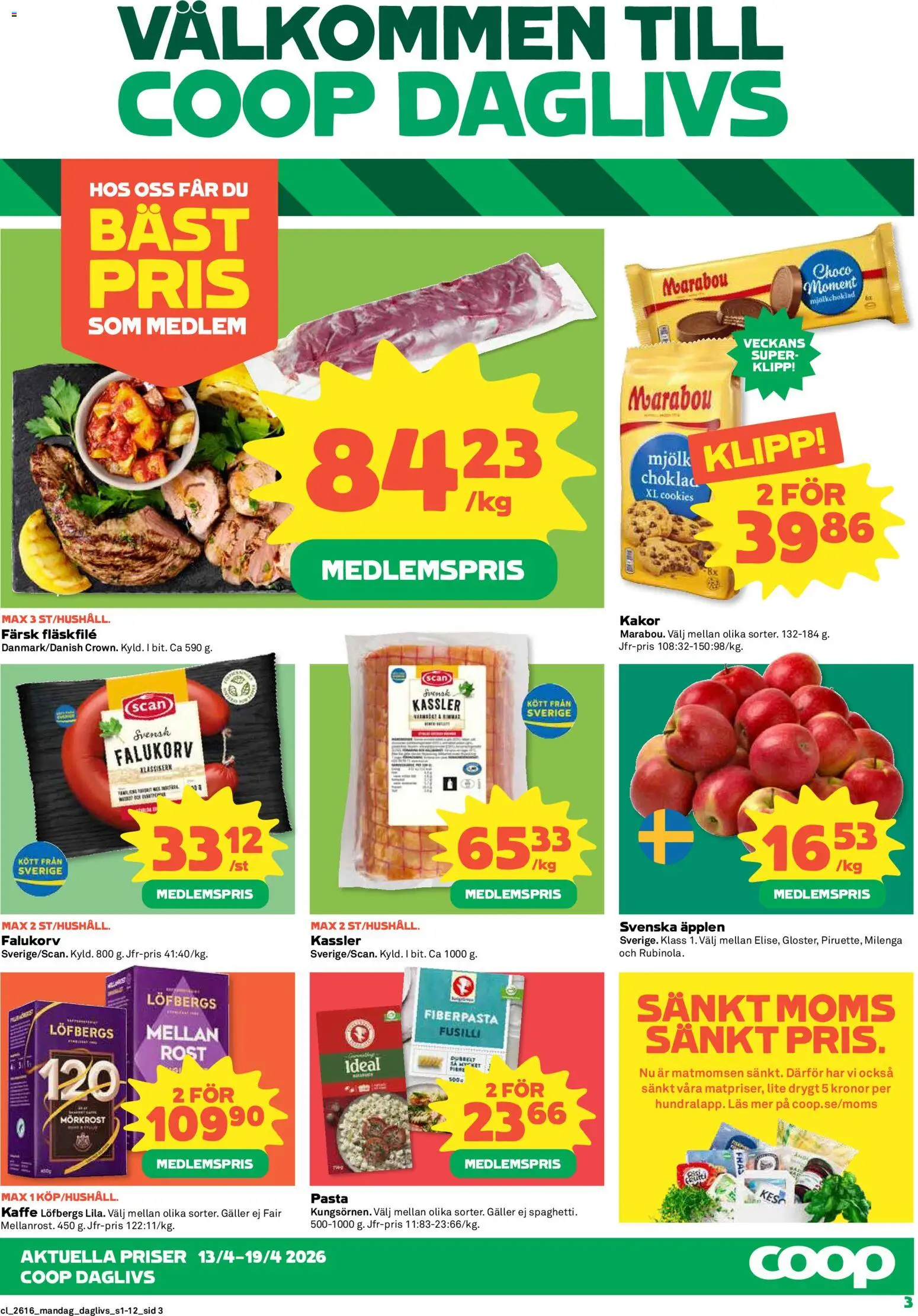 Coop Daglivs reklamblad aktuell från 13.04.2026 | Sida: 3 | Produkter: Kassler, Falukorv, Mjölk, Kaffe