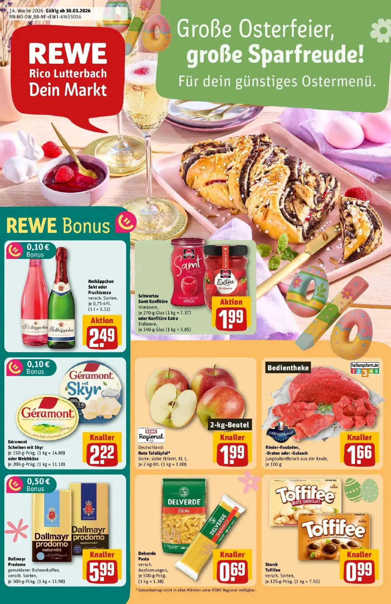 Rewe Prospekt Schloss-Neuhaus	 – gültig ab 30.03.2026 | Seite: 1 | Produkte: Schwartau samt, Himbeere, Pasta, Dallmayr prodomo
